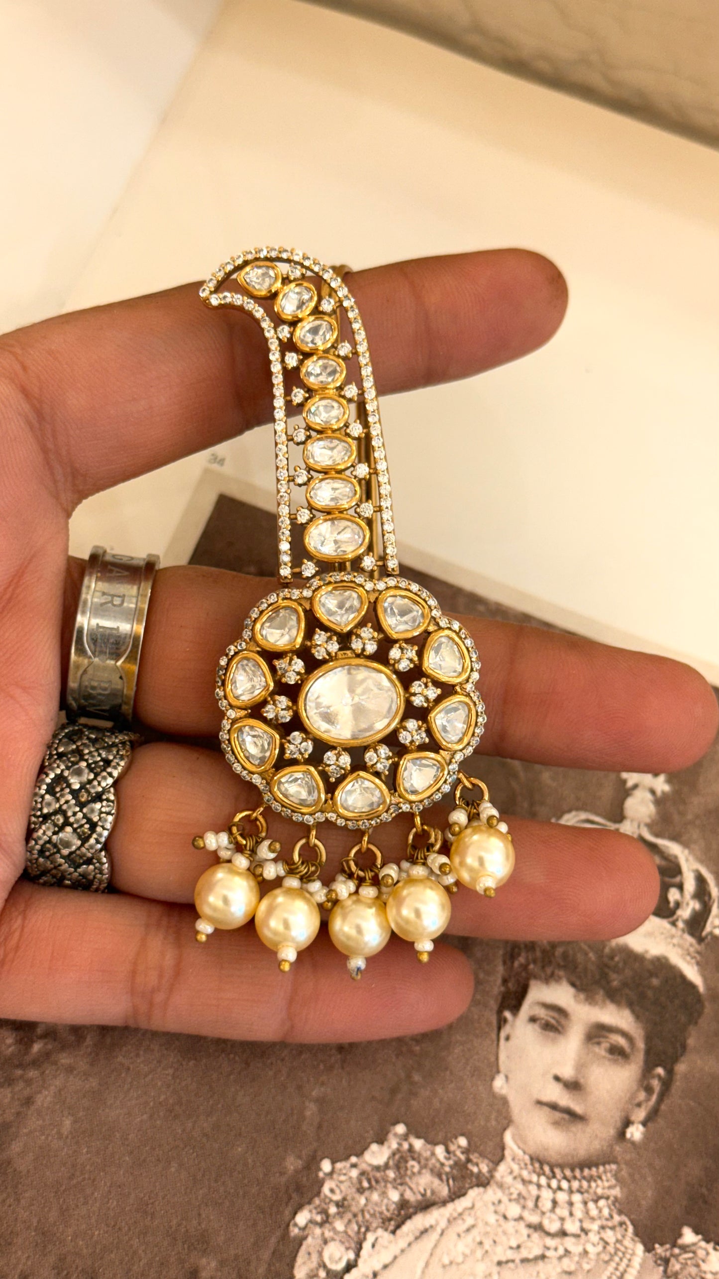 Heritage victorian polki kalgi with pearl detailing