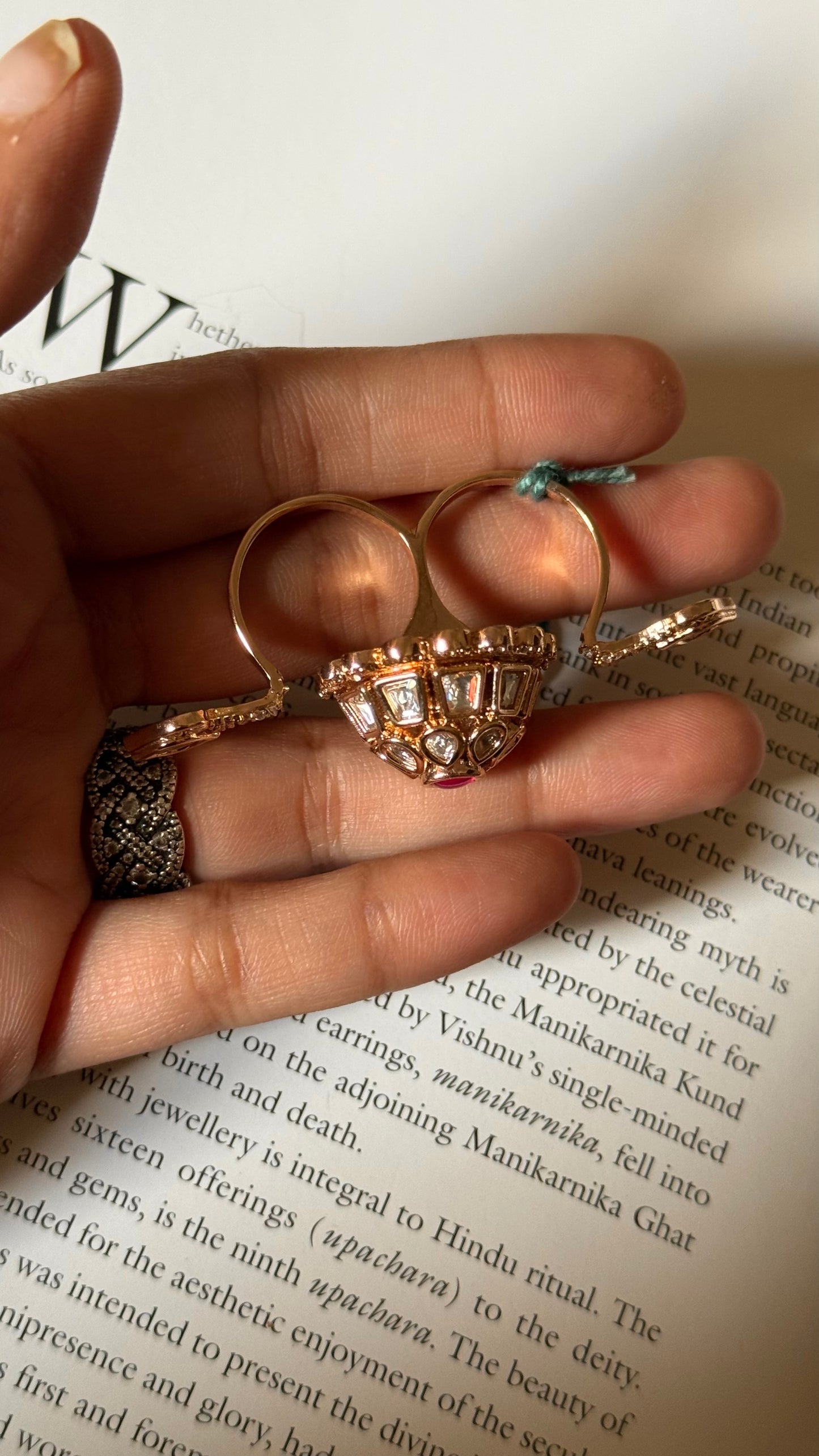 Rani pink doublet moissanite floral double finger adjustable ring