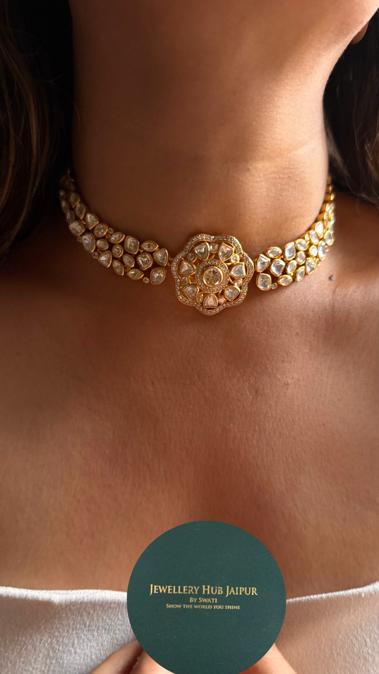 Floral real Moissanite peeli polki choker