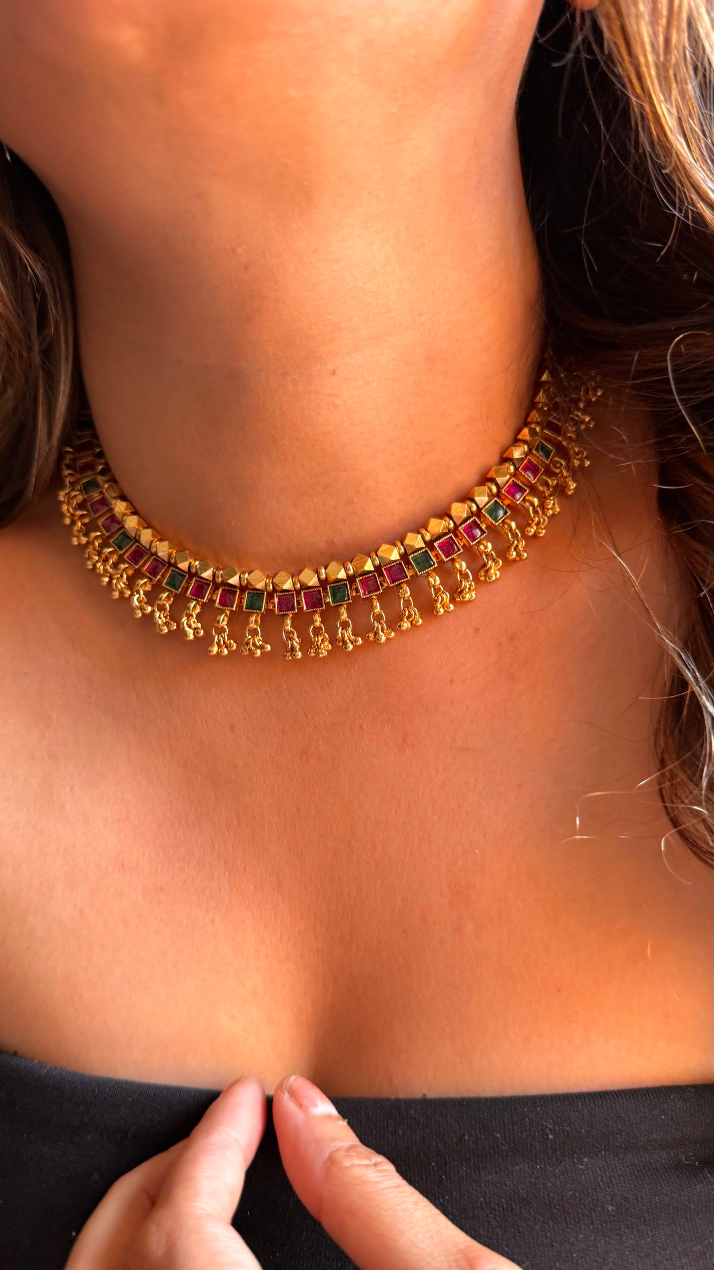 Maharashtra, Emerald and Ruby jhalar detailing Necklace