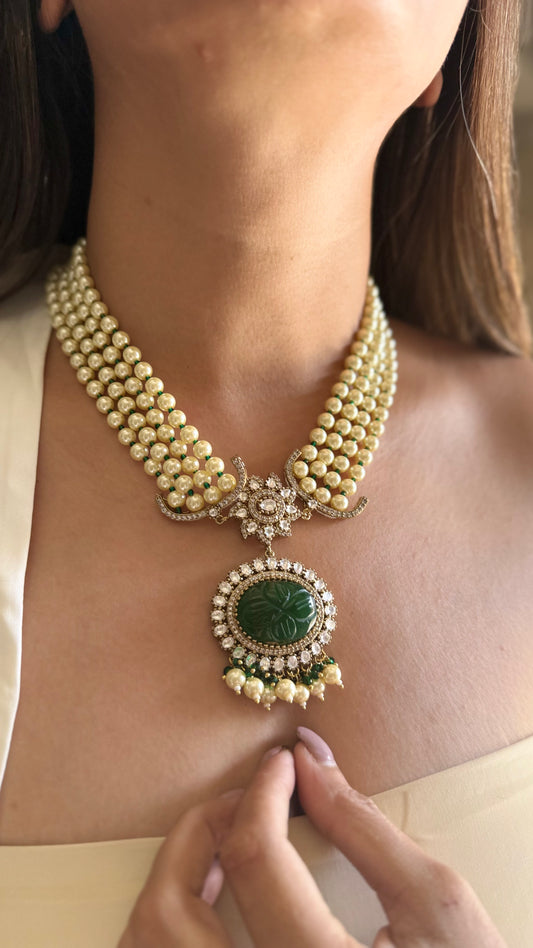 Panna- Emerald doublet pearl moissanite mid length necklace