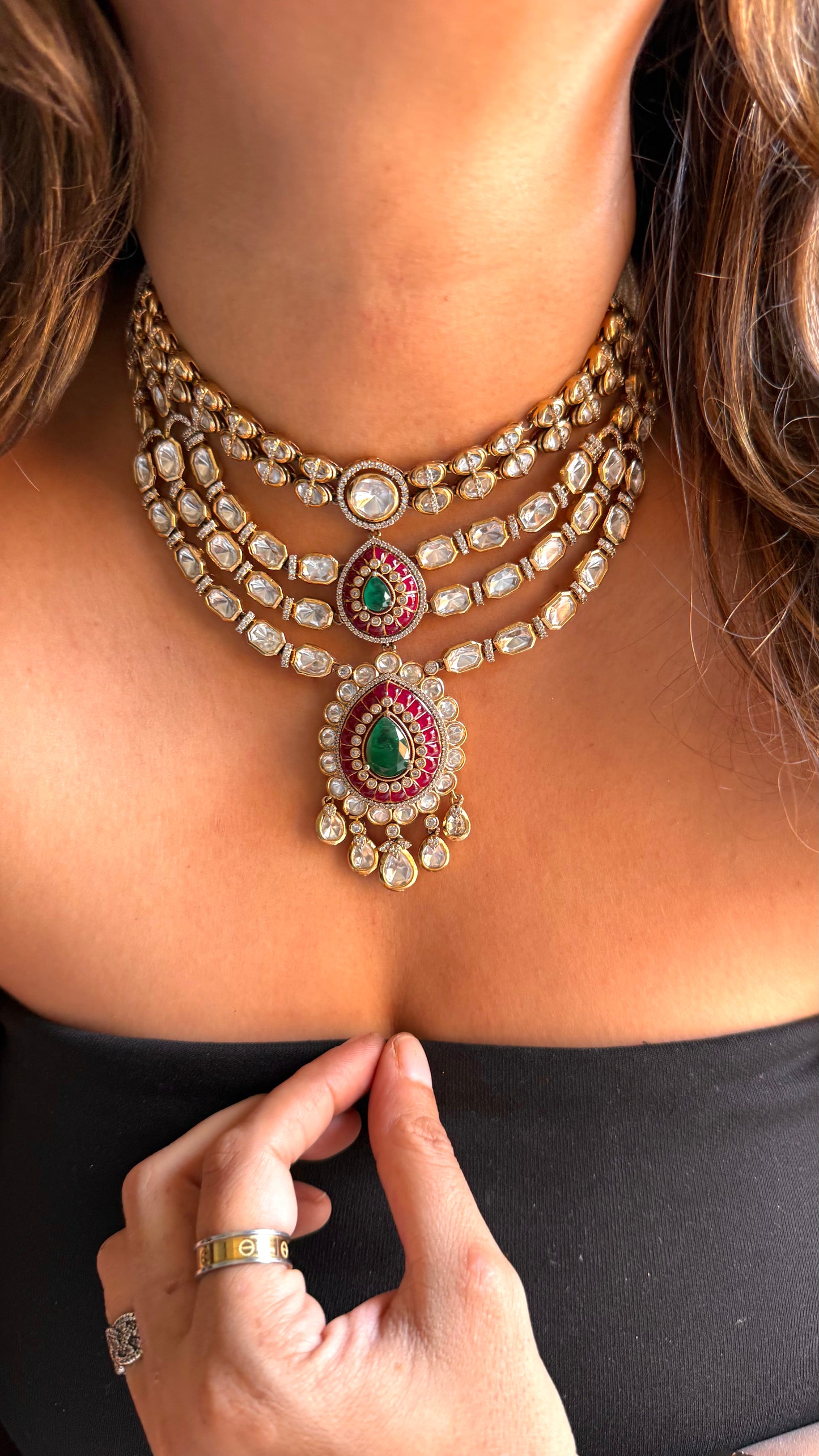 Emerald & Ruby designer layer vintage necklace with polki detailing