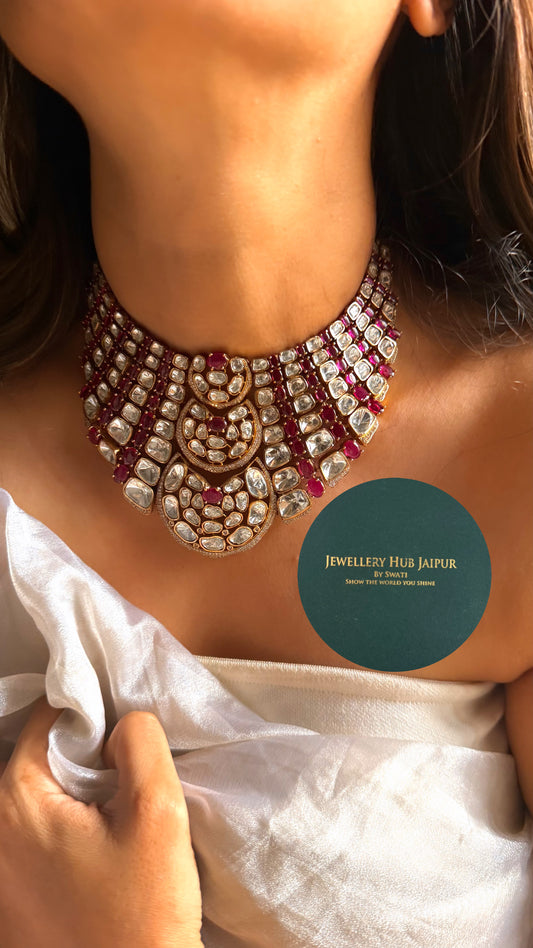 Rani pink doublet & moissanite uncut polki Victorian choker set