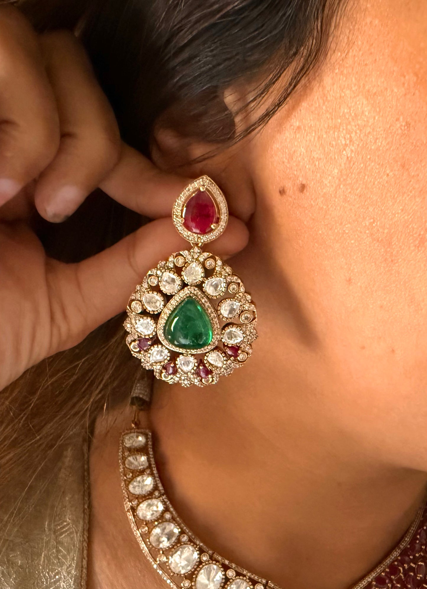 Mohini Emerald doublet & rani pink moissanite polki designer collar necklace