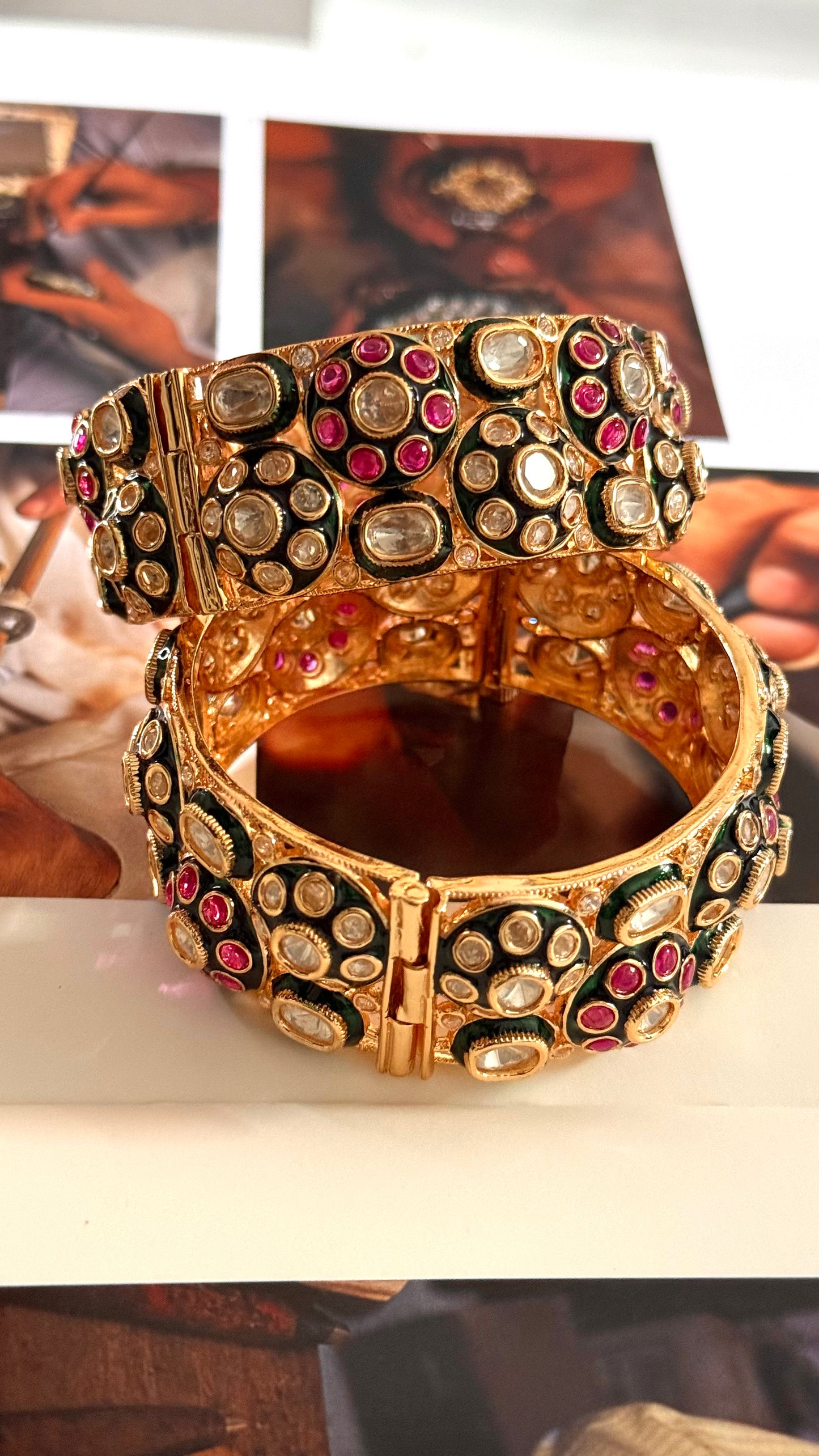 Emerald meenakari & rani pink floral polki openable bangle