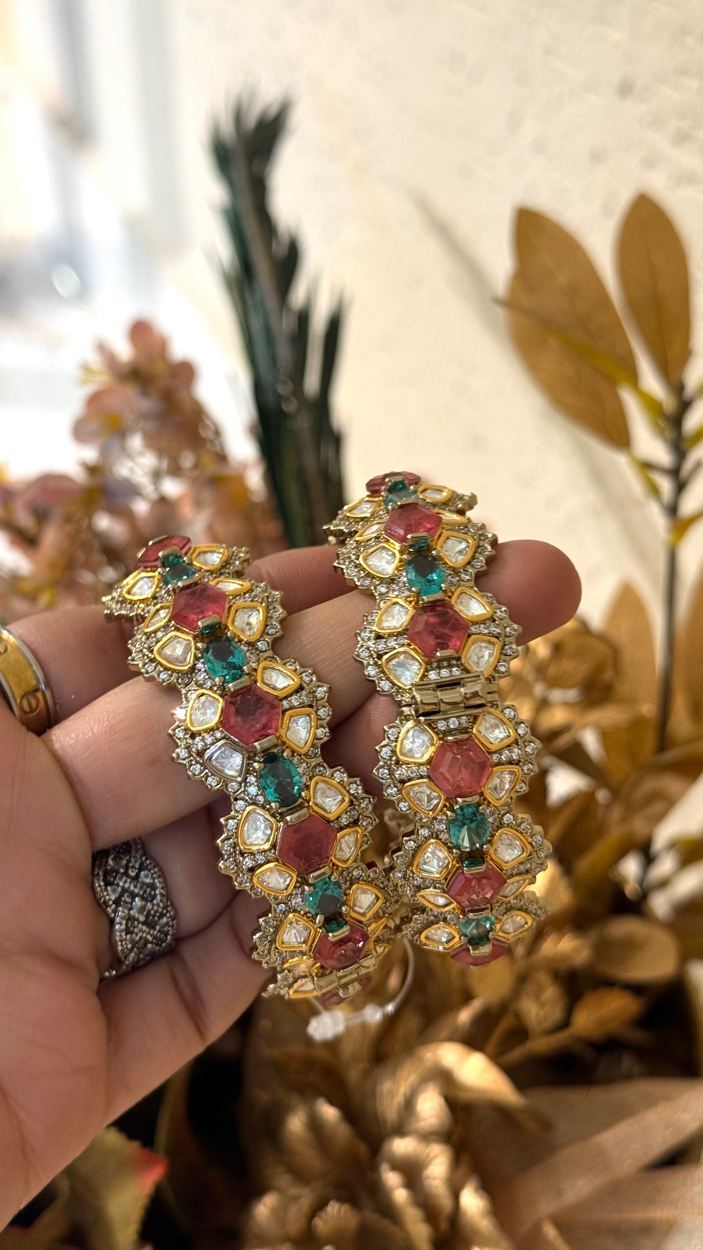 Turquoise & Mauve Moissanite Polki Bangles