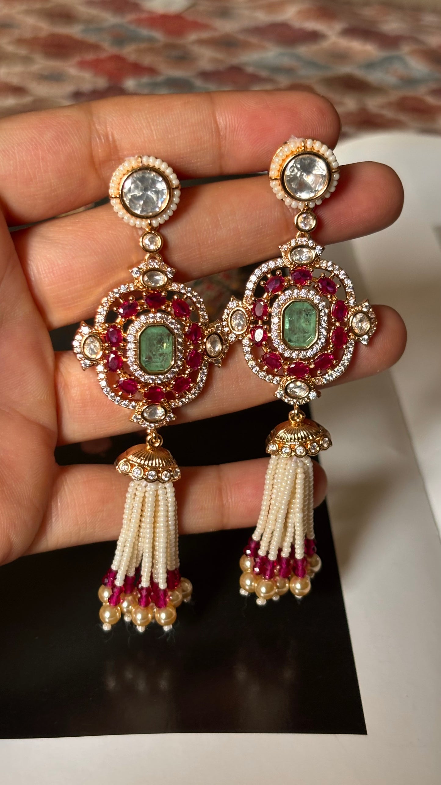 Rani pink doublets & mint with pearl detailing jhalar Earrings