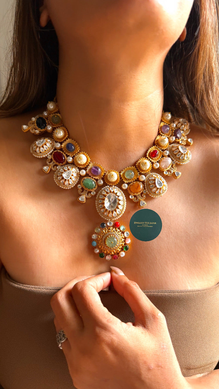 Sabyasachi inspired Navratna & moissanite polki collar set