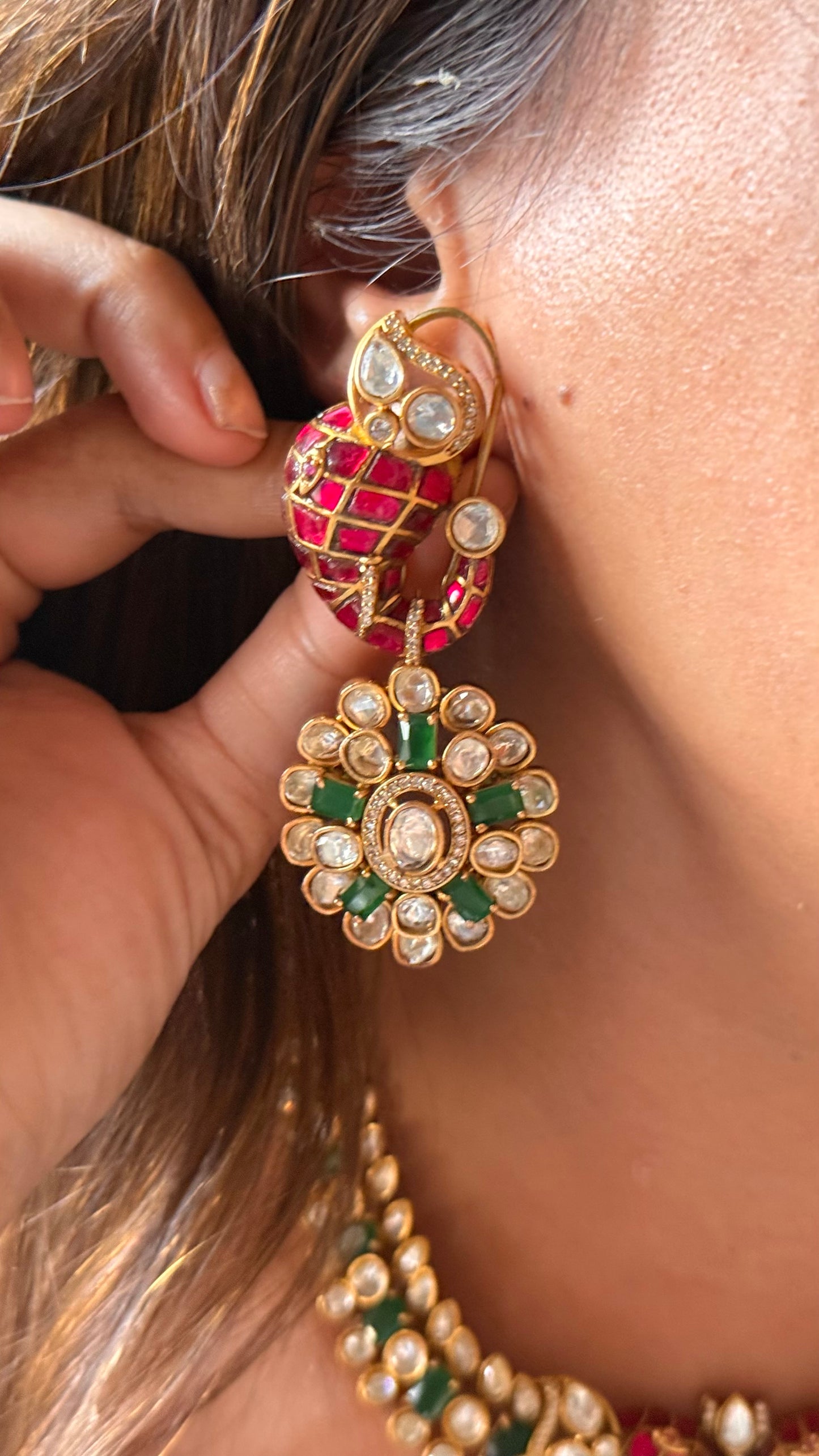 Gajj inspired ruby & emerald doublet with peeli polki collar Necklace