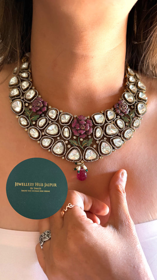 Ruby Rose moissanite polki victorian designer collar set