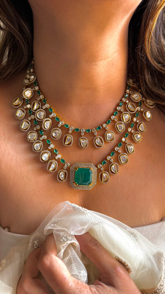 Dual line Emerald Designer Polki Necklace