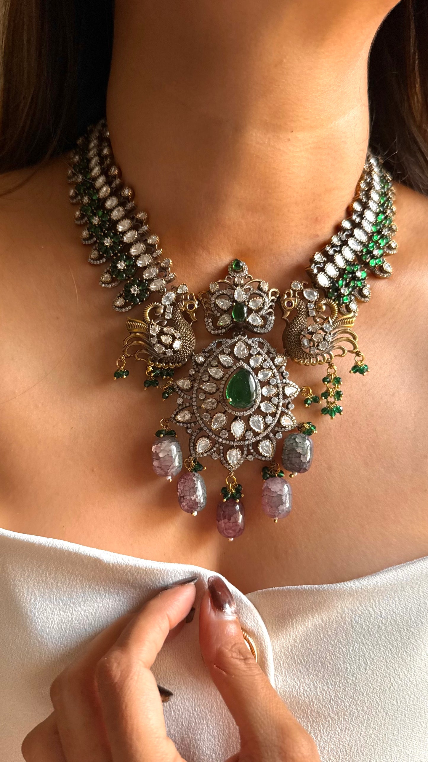Munar-Emerald doublet Moissanite uncut victorian mid length set