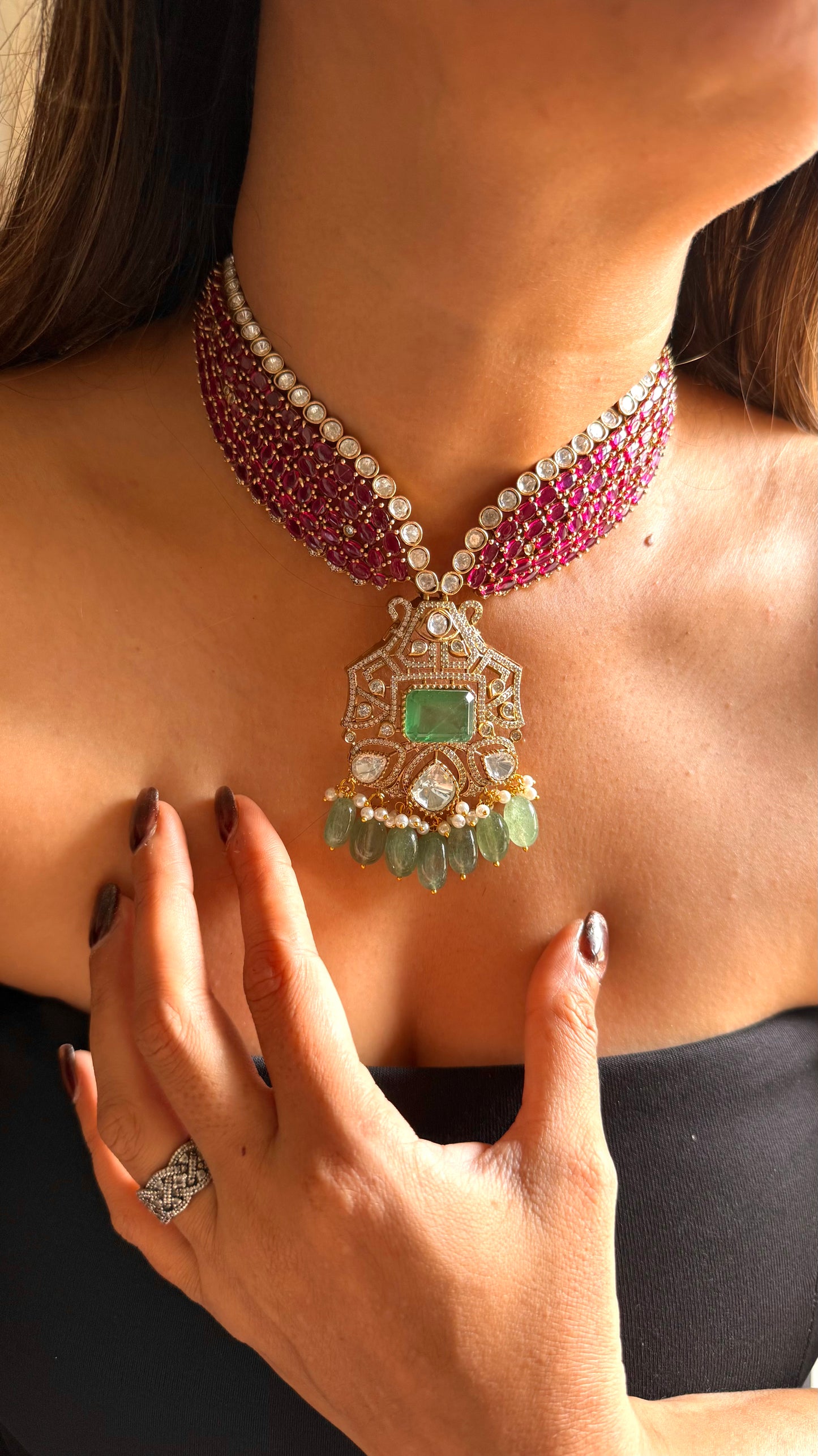 Mint doublet and rani pink moissanite collar necklace set