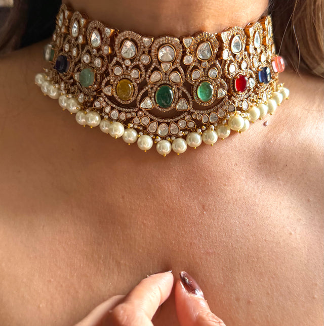 Navratna moissanite with pearl drop choker
