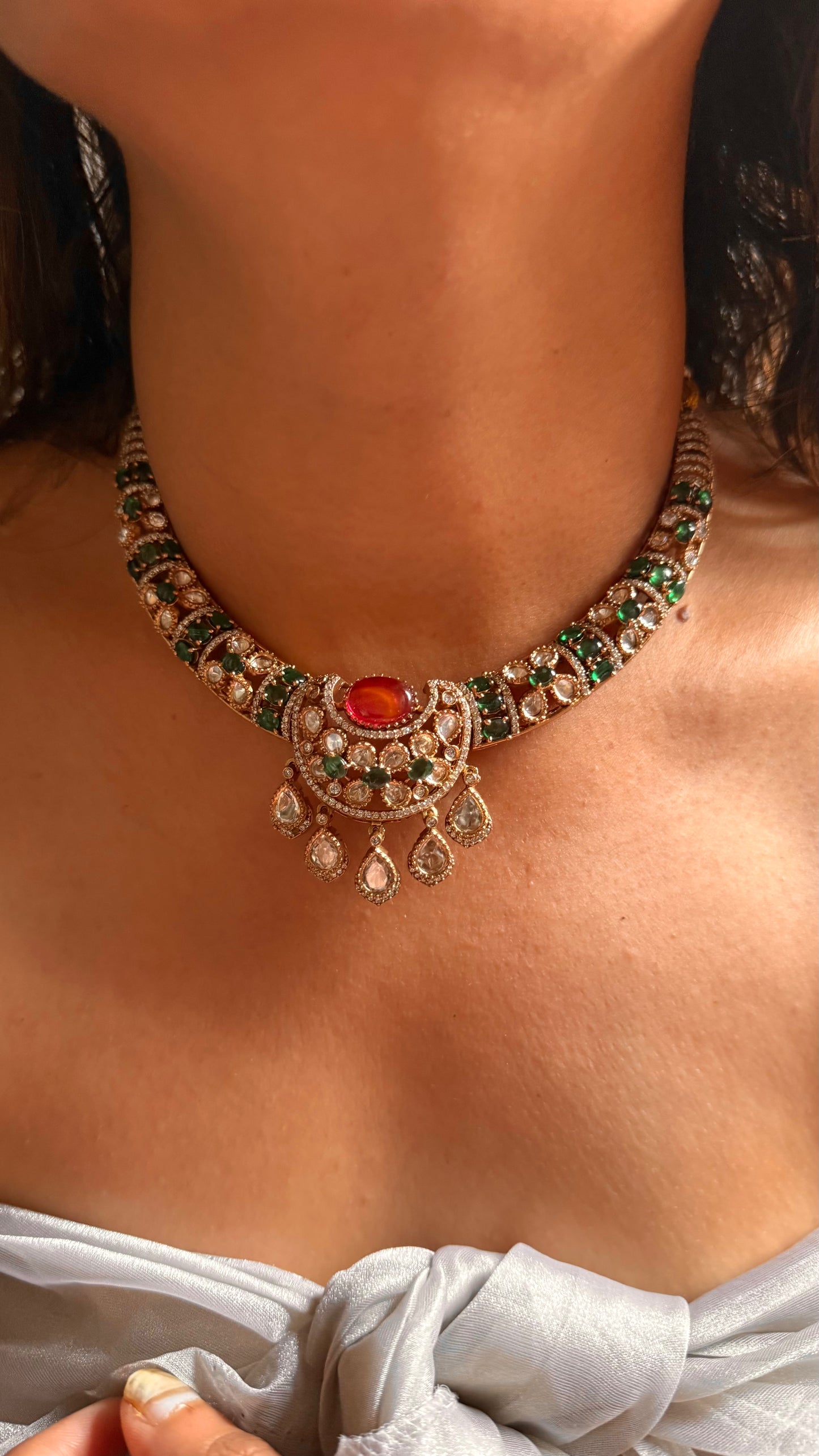Ruby doublet & emerald moissanite collar set