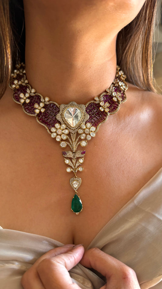 Vaidayi Designer uncut polki ruby moissanite collar necklace