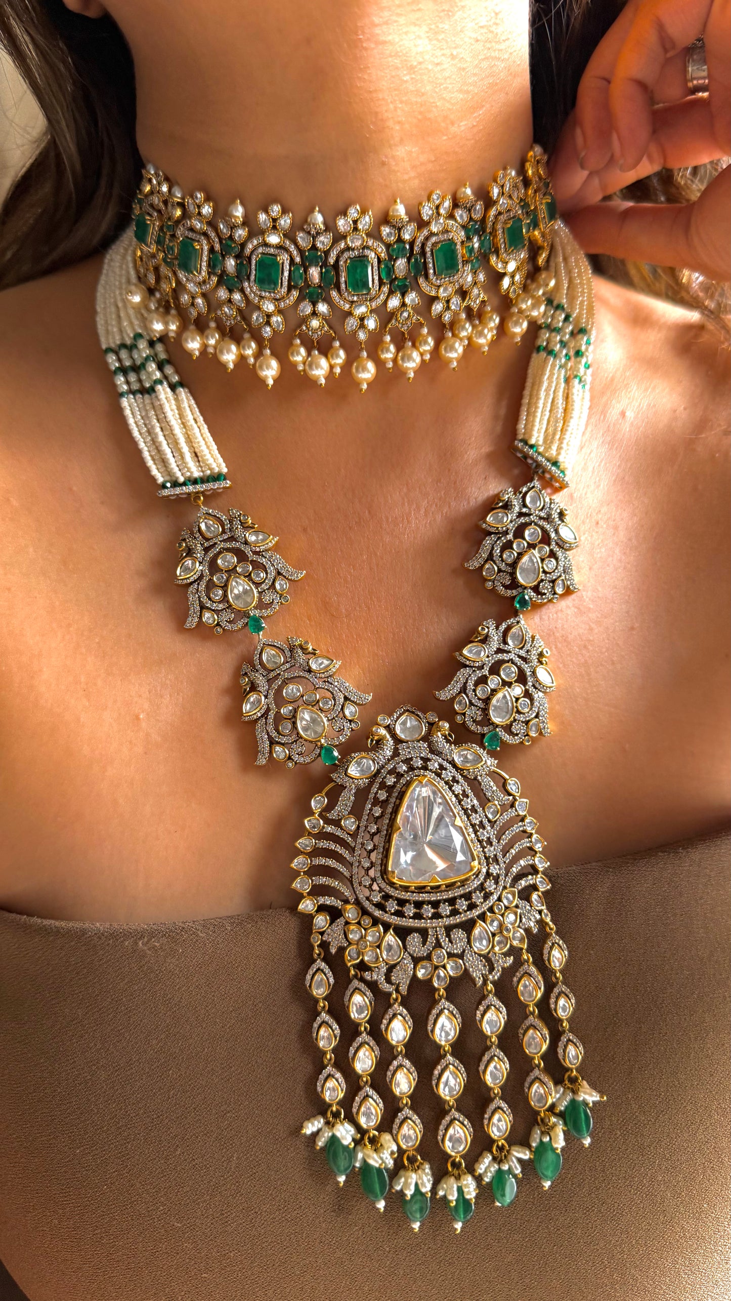 Emerald long uncut polki necklace & choker combo