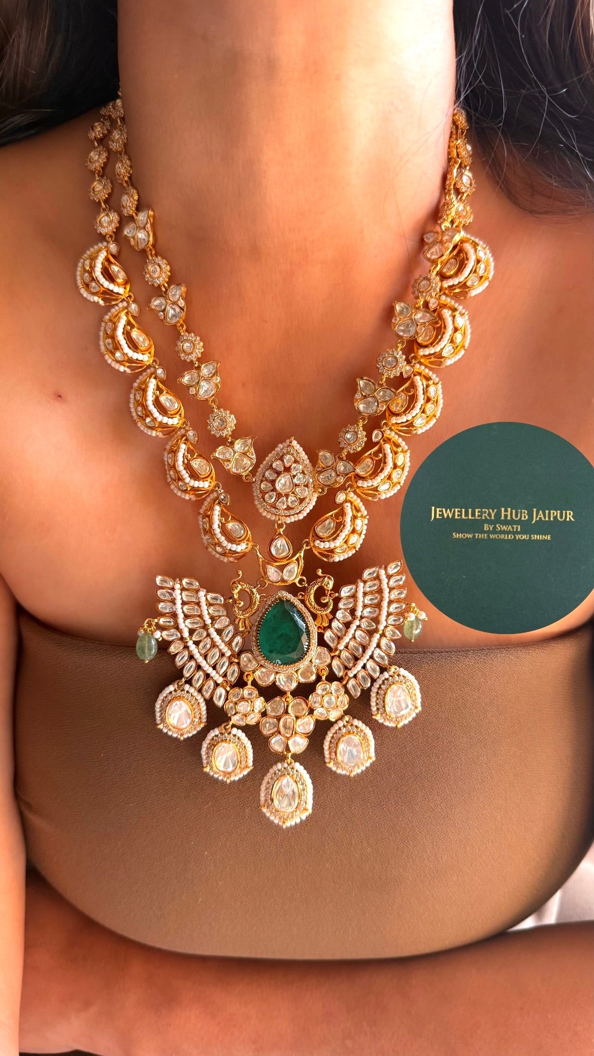 Real moissanite & emerald doublet with mint strawberry designer mid length set