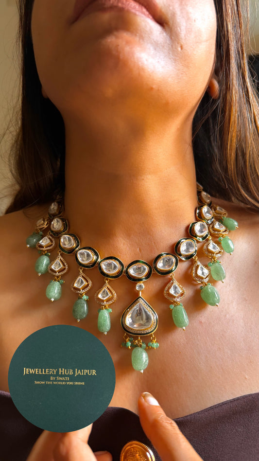 Emerald meenakari drop shape polki necklace
