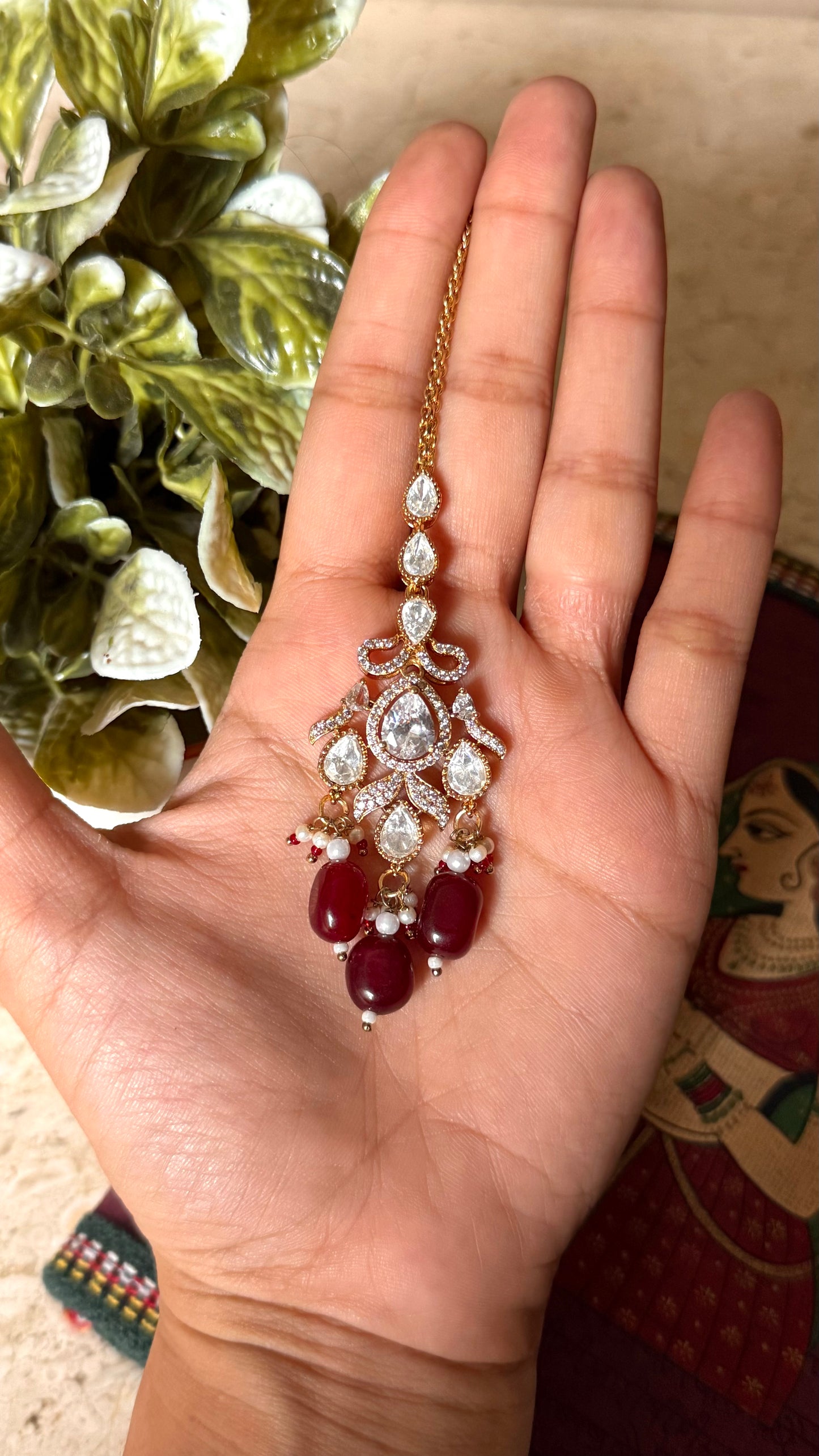 Moissanite polki with ruby drops maangtika