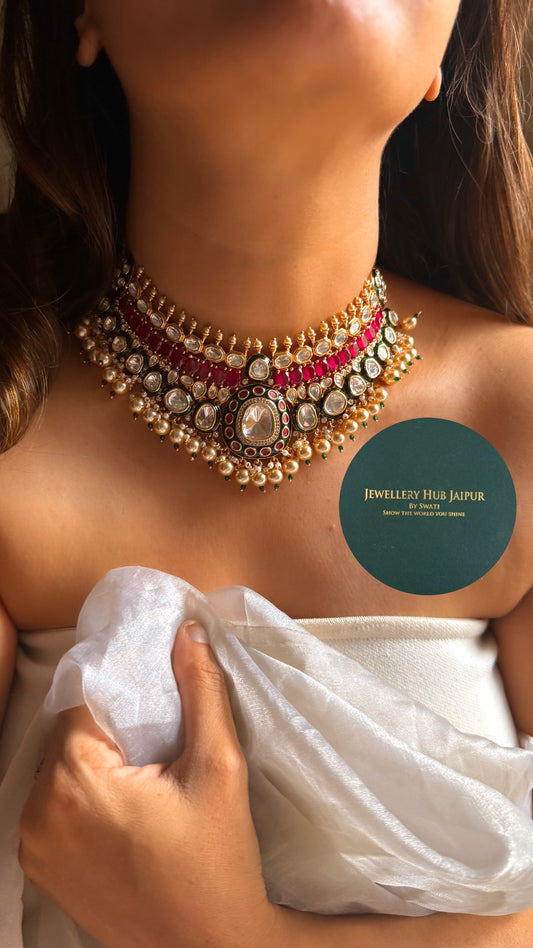Emerald meenakari & rani pink doublet bombay polki with pearl drop choker set