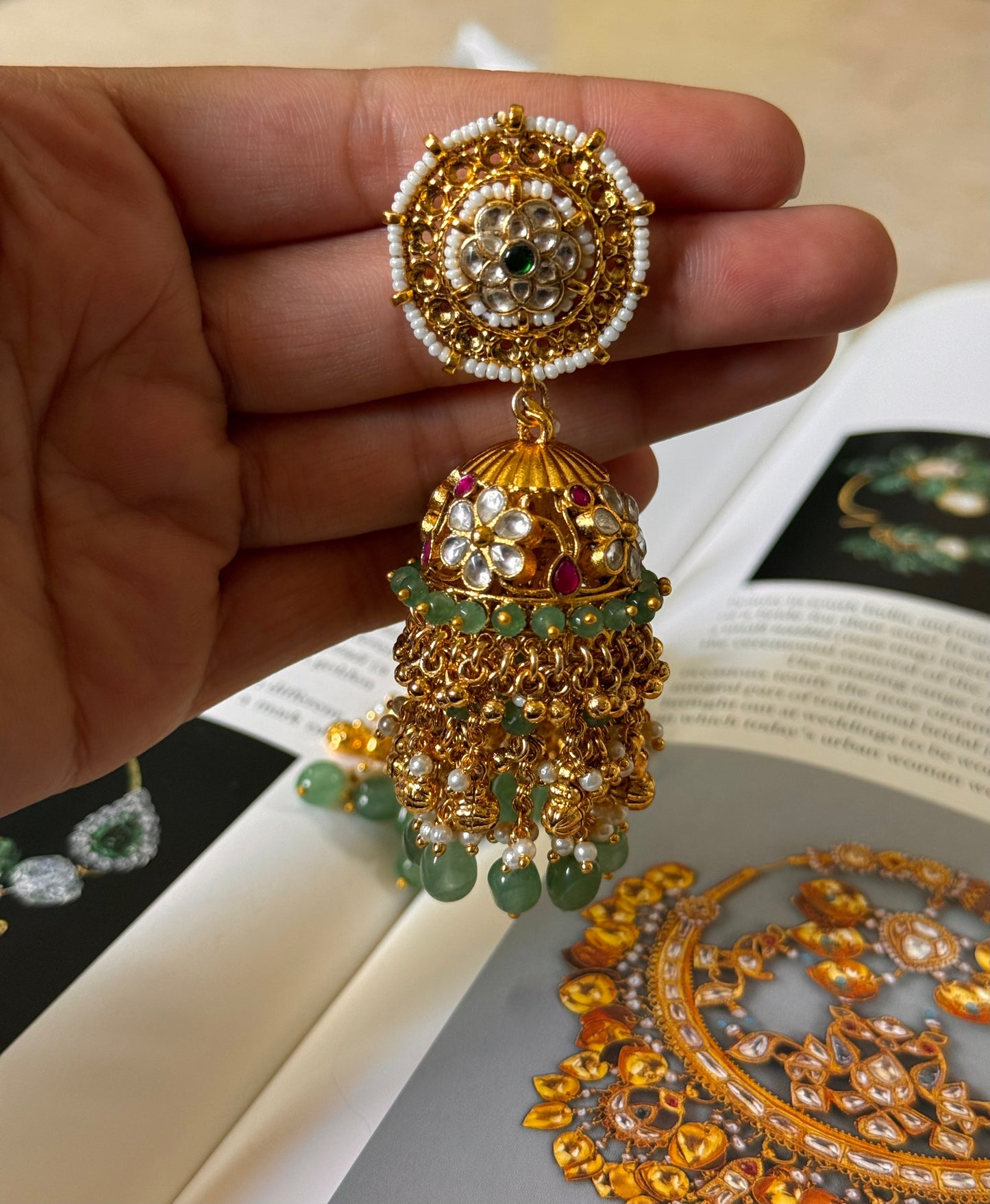 Rani pink paachi kundan with mint & gungroo drops jhumki