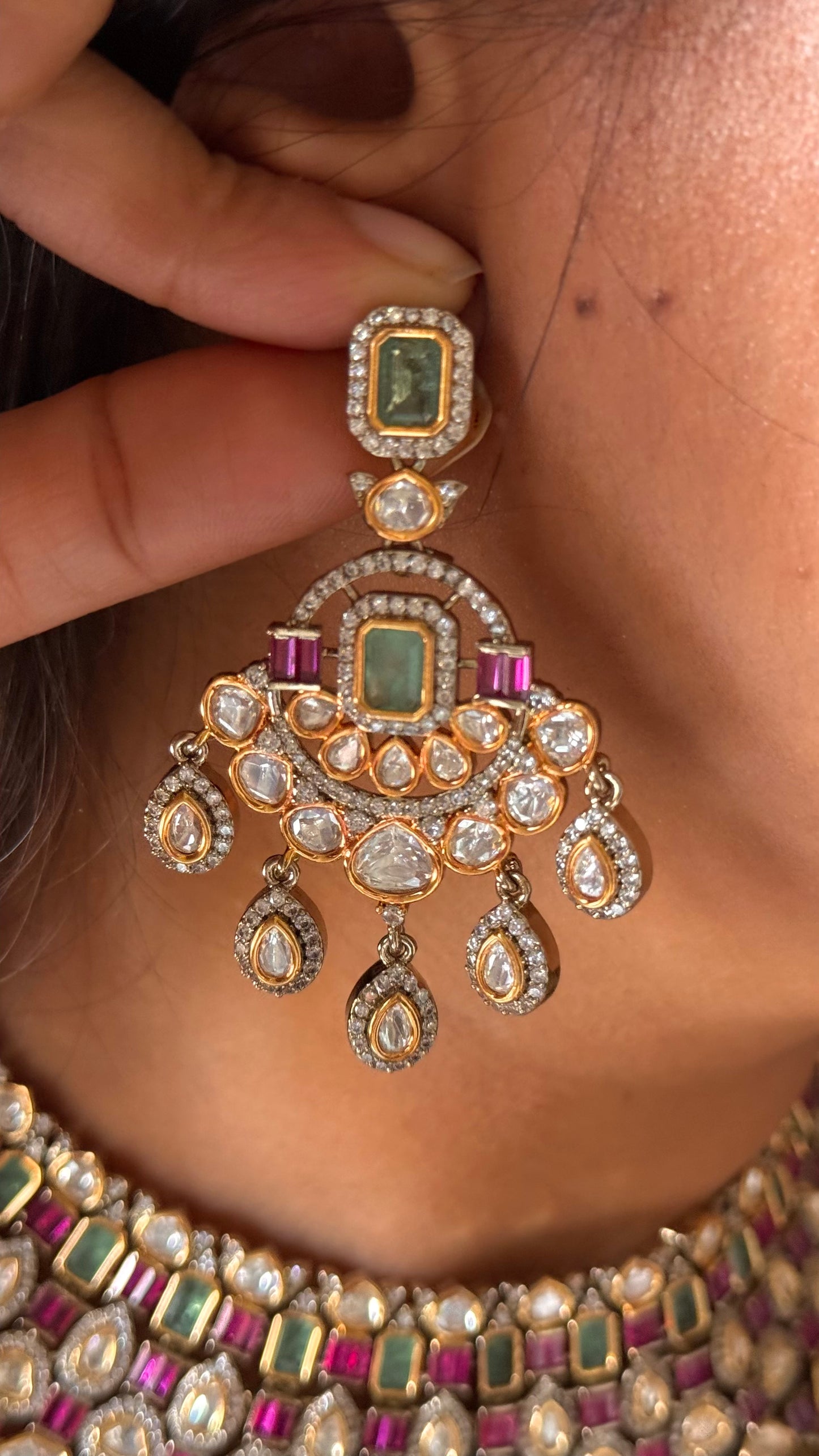 Rani pink ruby & mint real moissanite with drops choker set