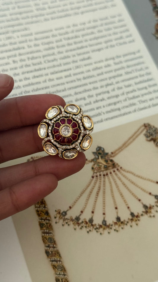 Ruby floral takkar work Moissanite Victorian ring