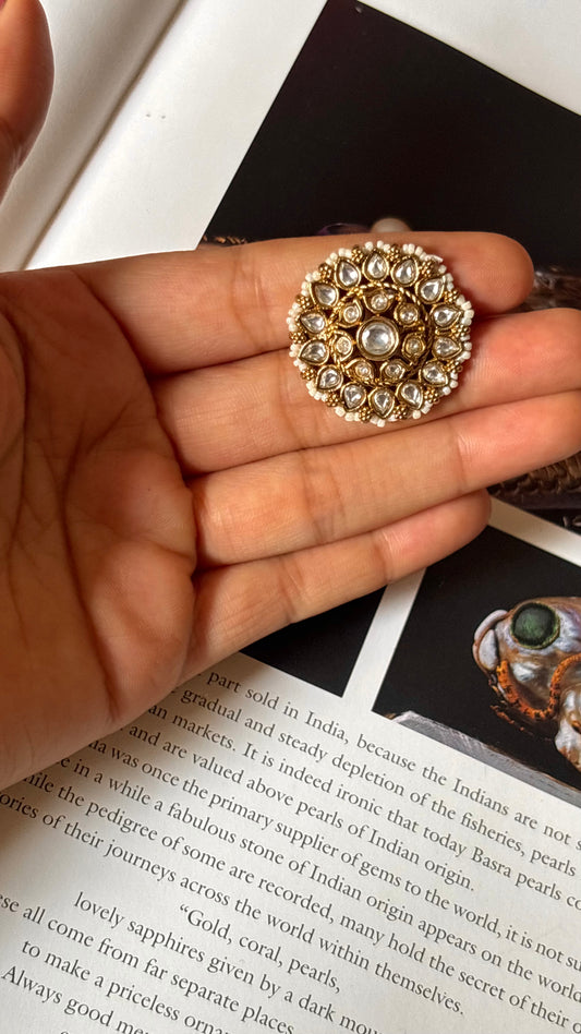 Floral white polki ring