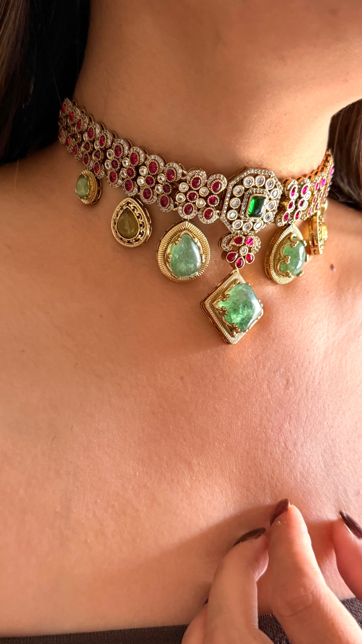 Vanya Mint doublet and rani pink moissanite choker set