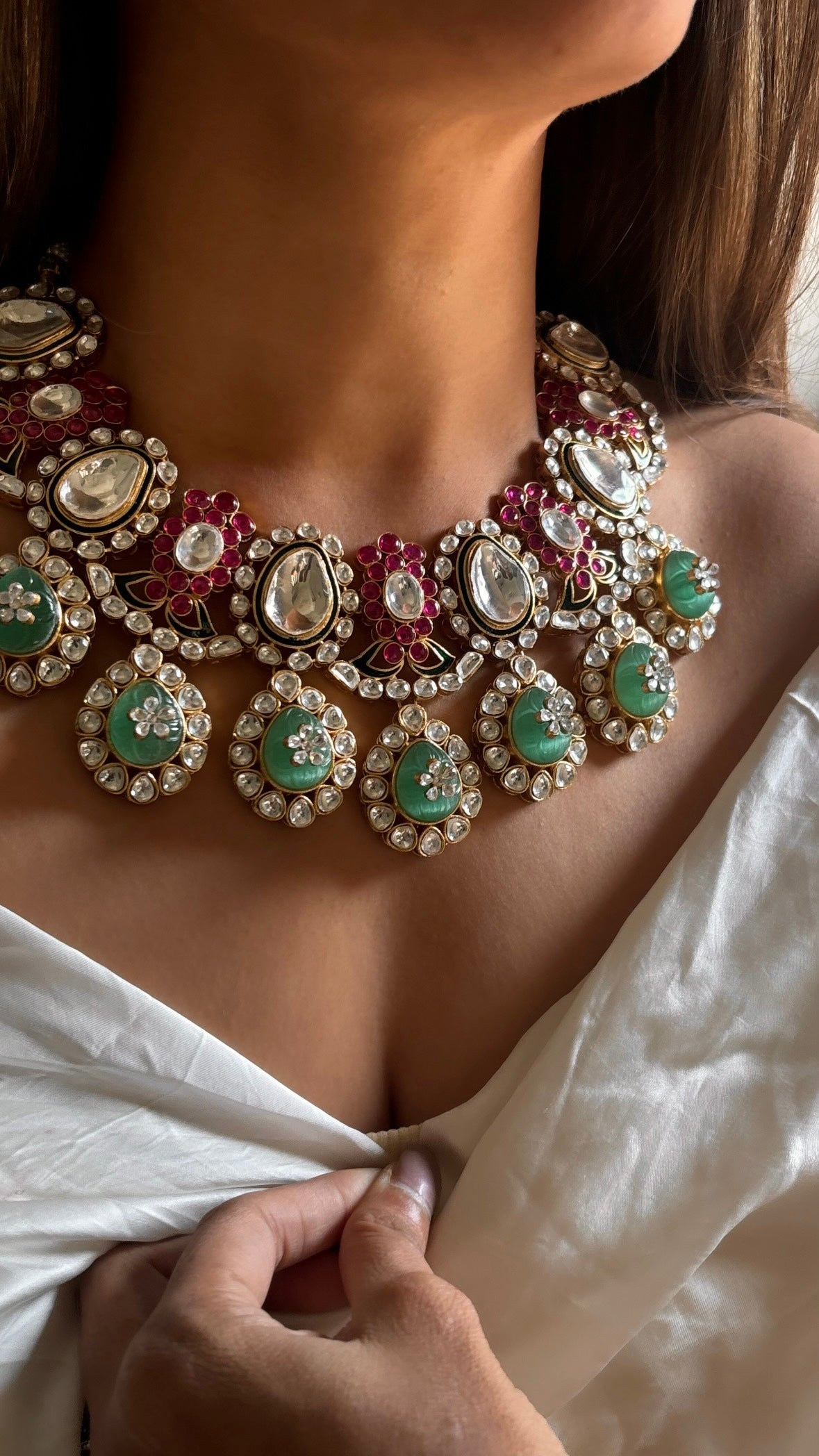 Bridal asia inspired mint & Ruby Chandi polki necklace set