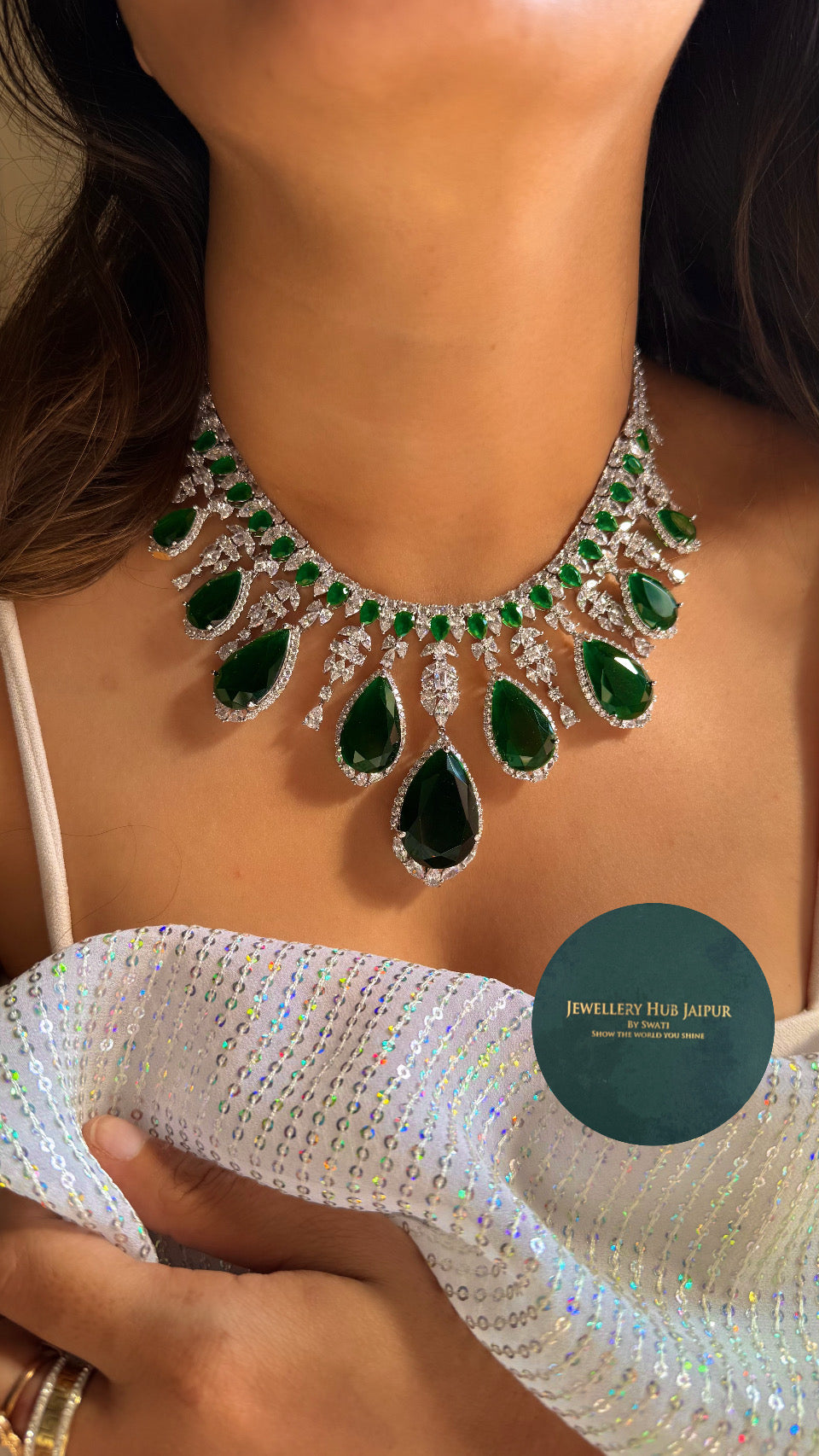 Emerald cocktail diamond statement necklace
