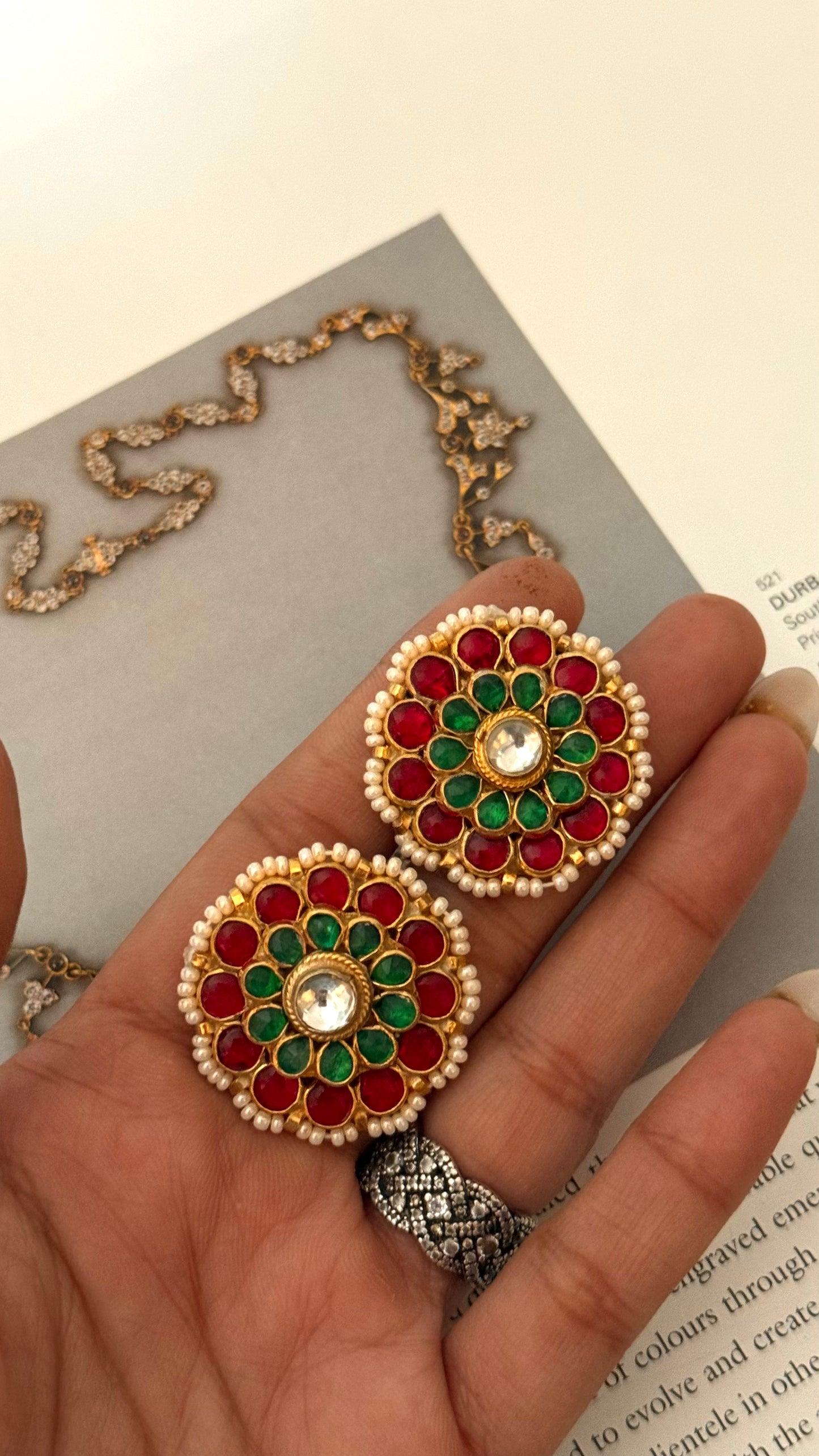 Paachi Rani pink & emerald heritage studs