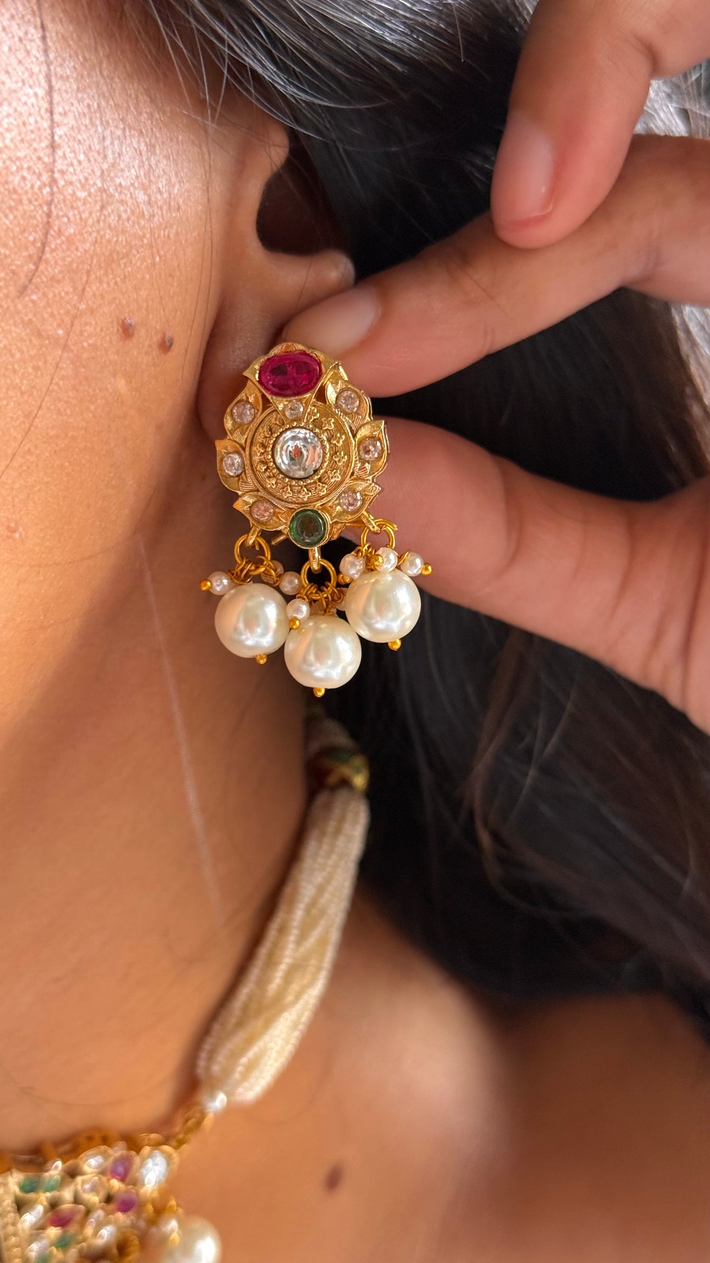 Paachi Kundan Rani pink ruby & mint with pearl detailing choker necklace