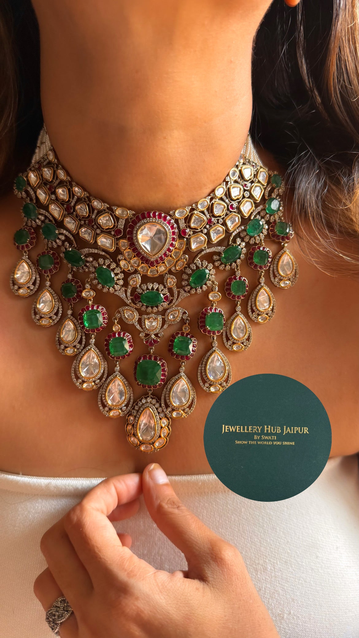 Emerald doublet & rani pink moissanite uncut polki bridal choker set