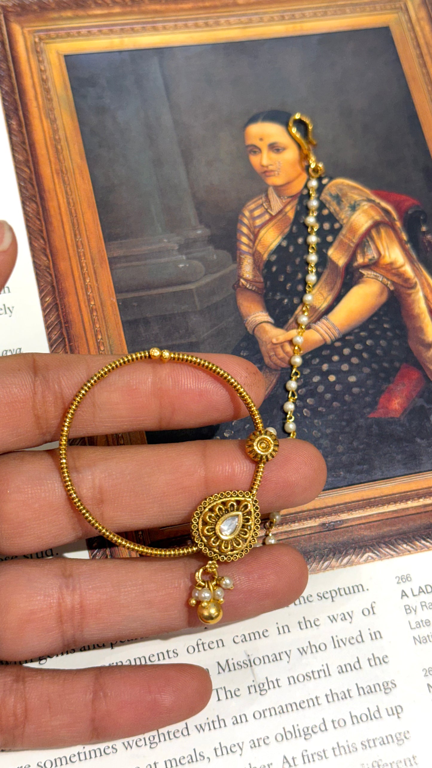 Drop shape polki oxidised, gold nath
