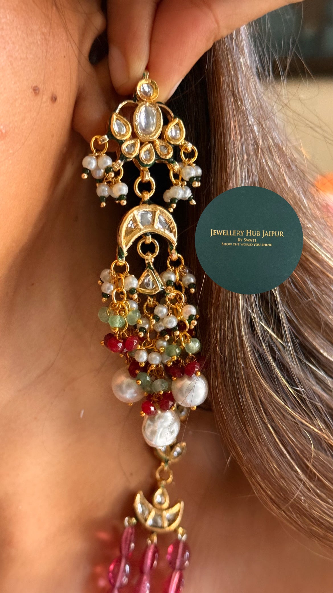White inlay work & rani pink string meenakari paachi with pearl drop heritage long set