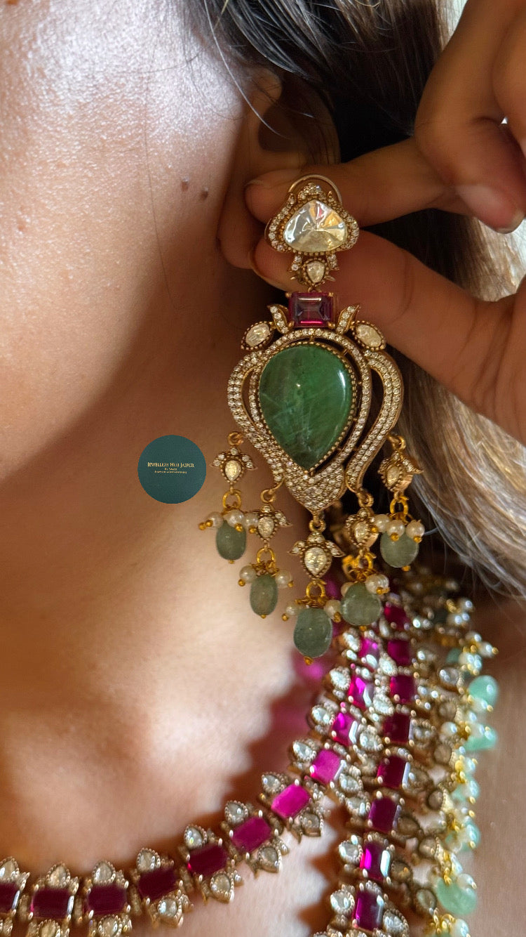 Emerald doublet and Rani pink double layer collar set