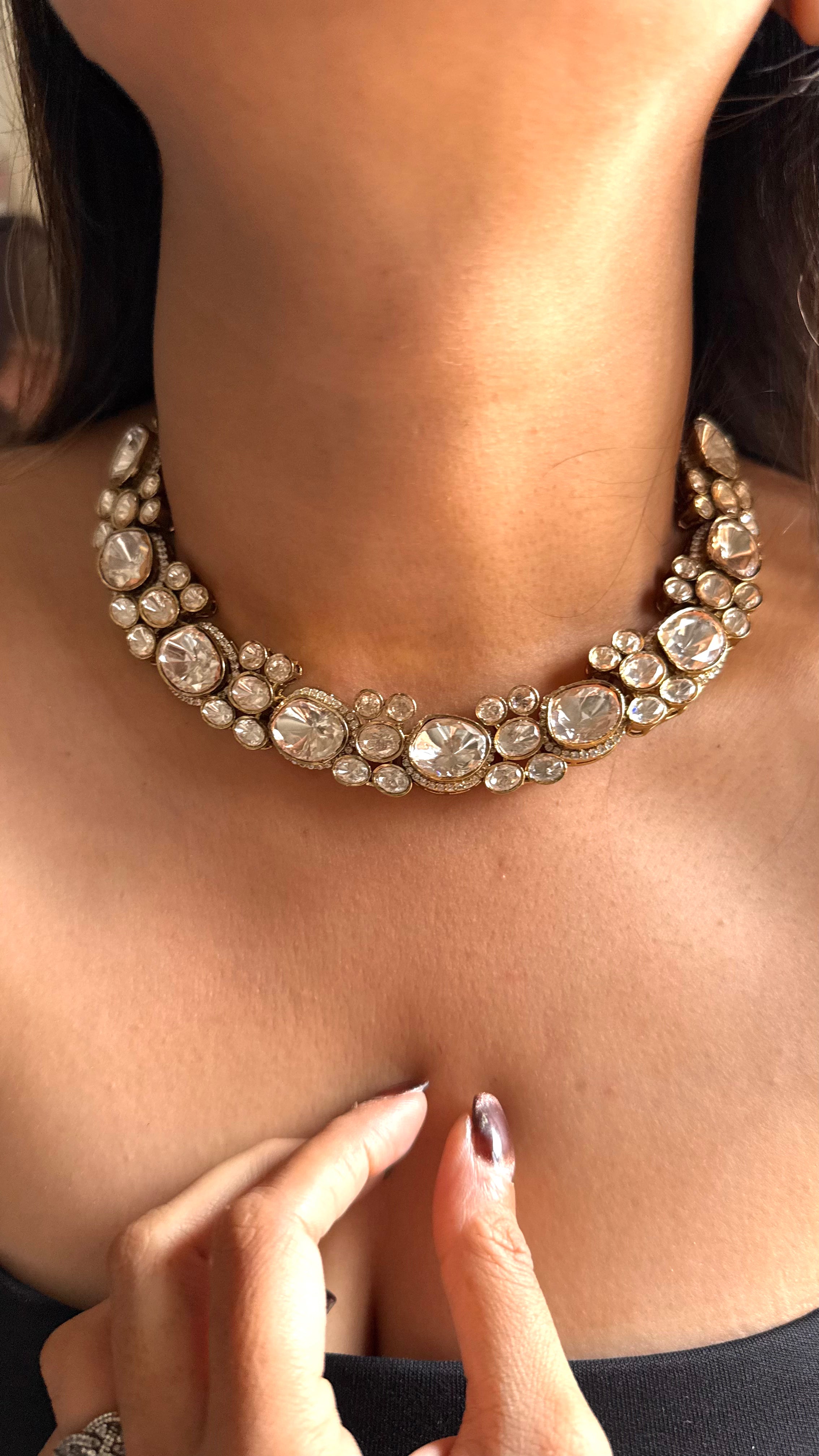 Moissanite uncut polki floral collar necklace