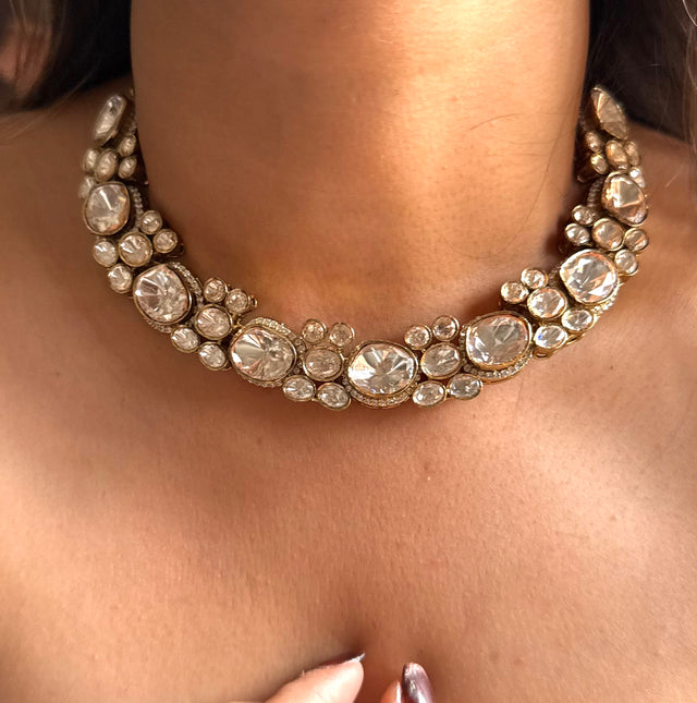 Moissanite uncut polki floral collar necklace