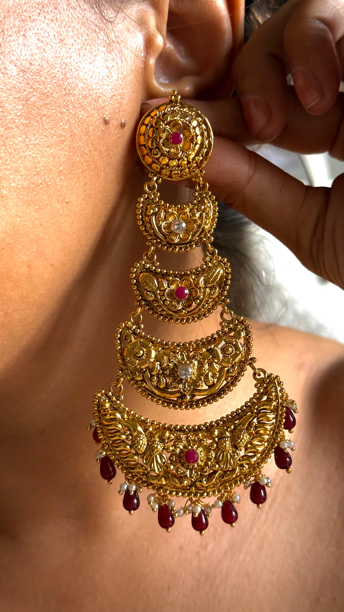 Dubai gold inspired Chandbaliyaan with ruby detailing