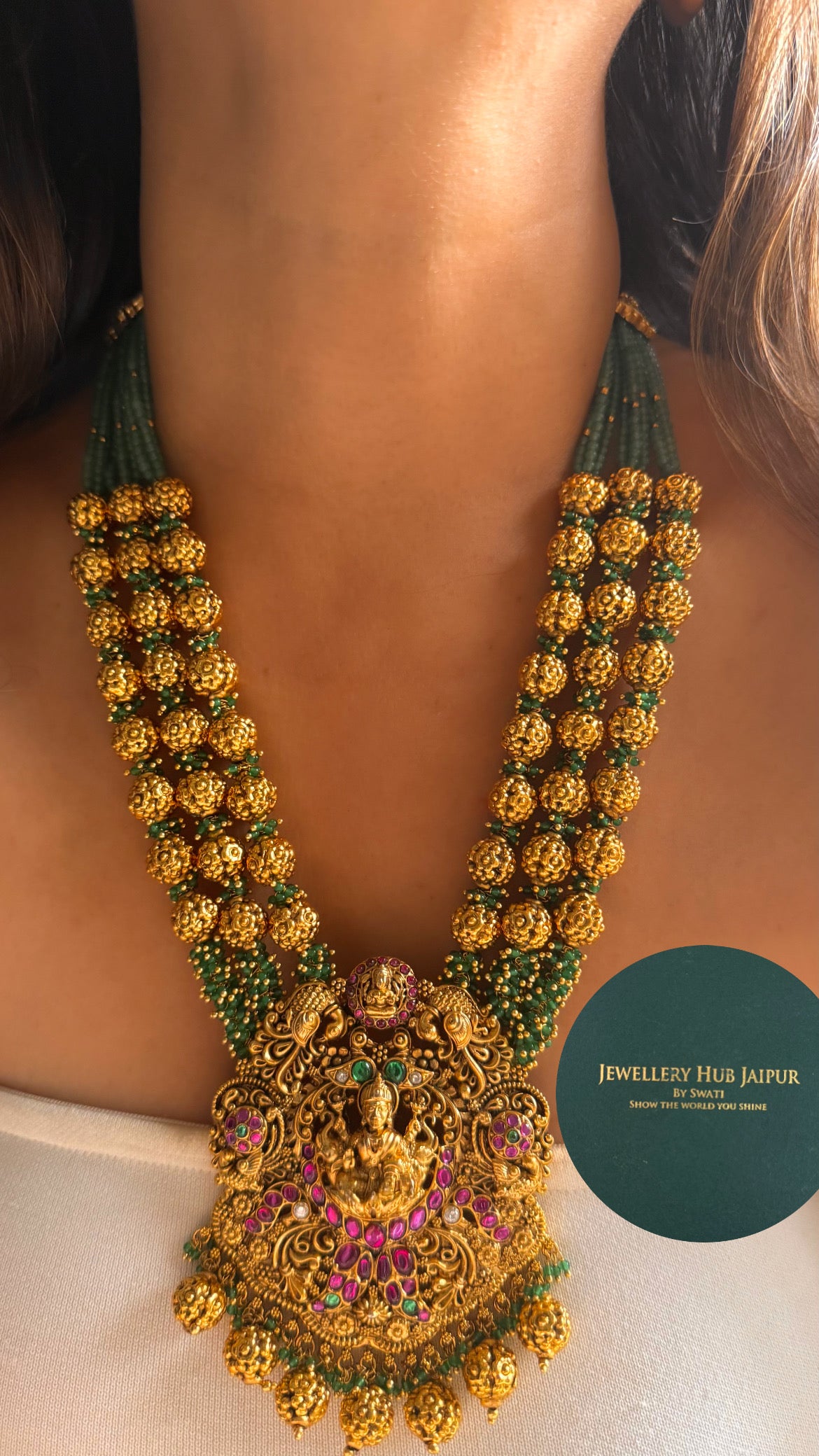 Goddess laxmi emerald & golden & mint string temple long set