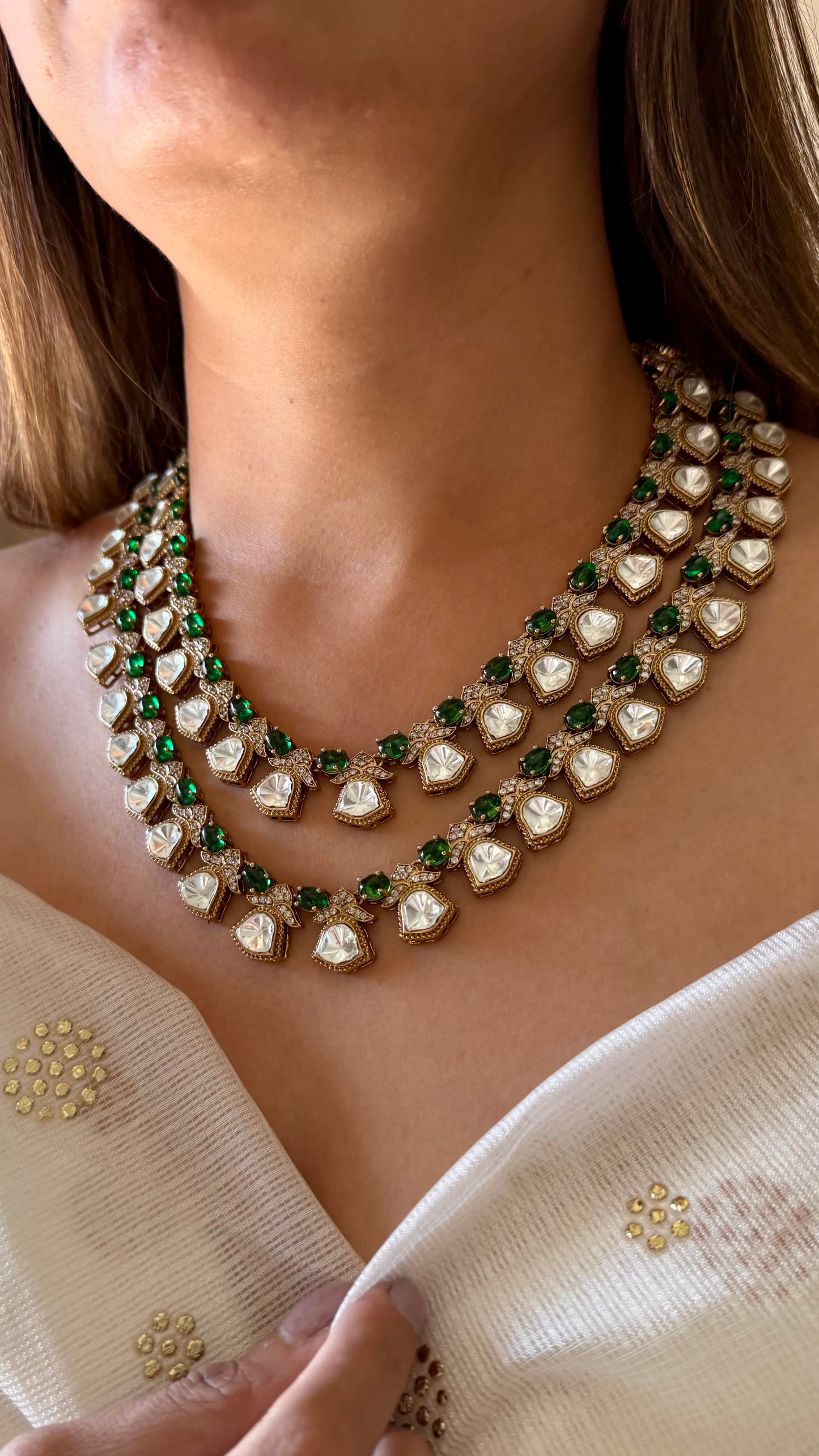 Emerald dual layered moissanite necklace