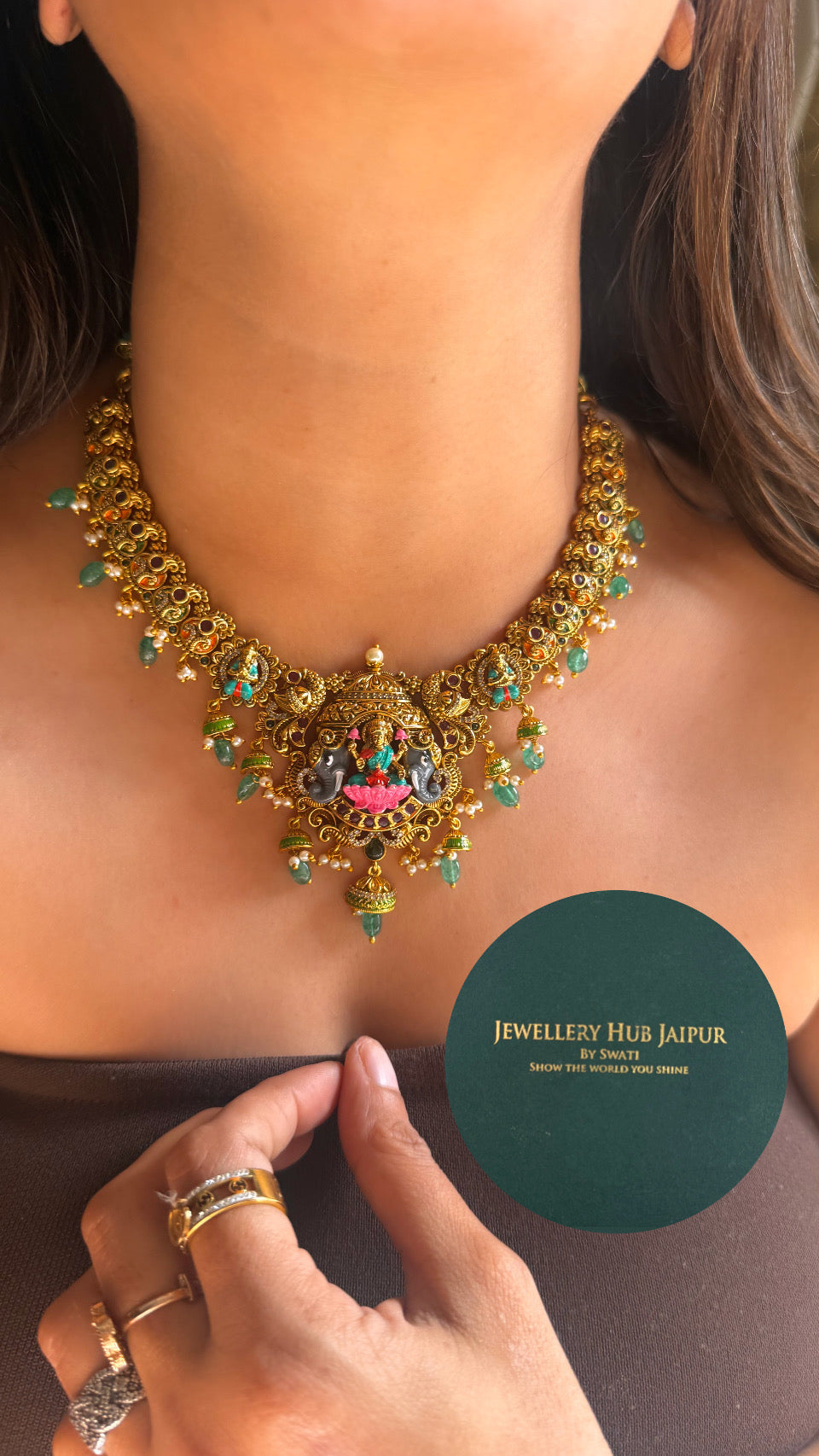 Goddess Laxmi emerald drop temple necklace
