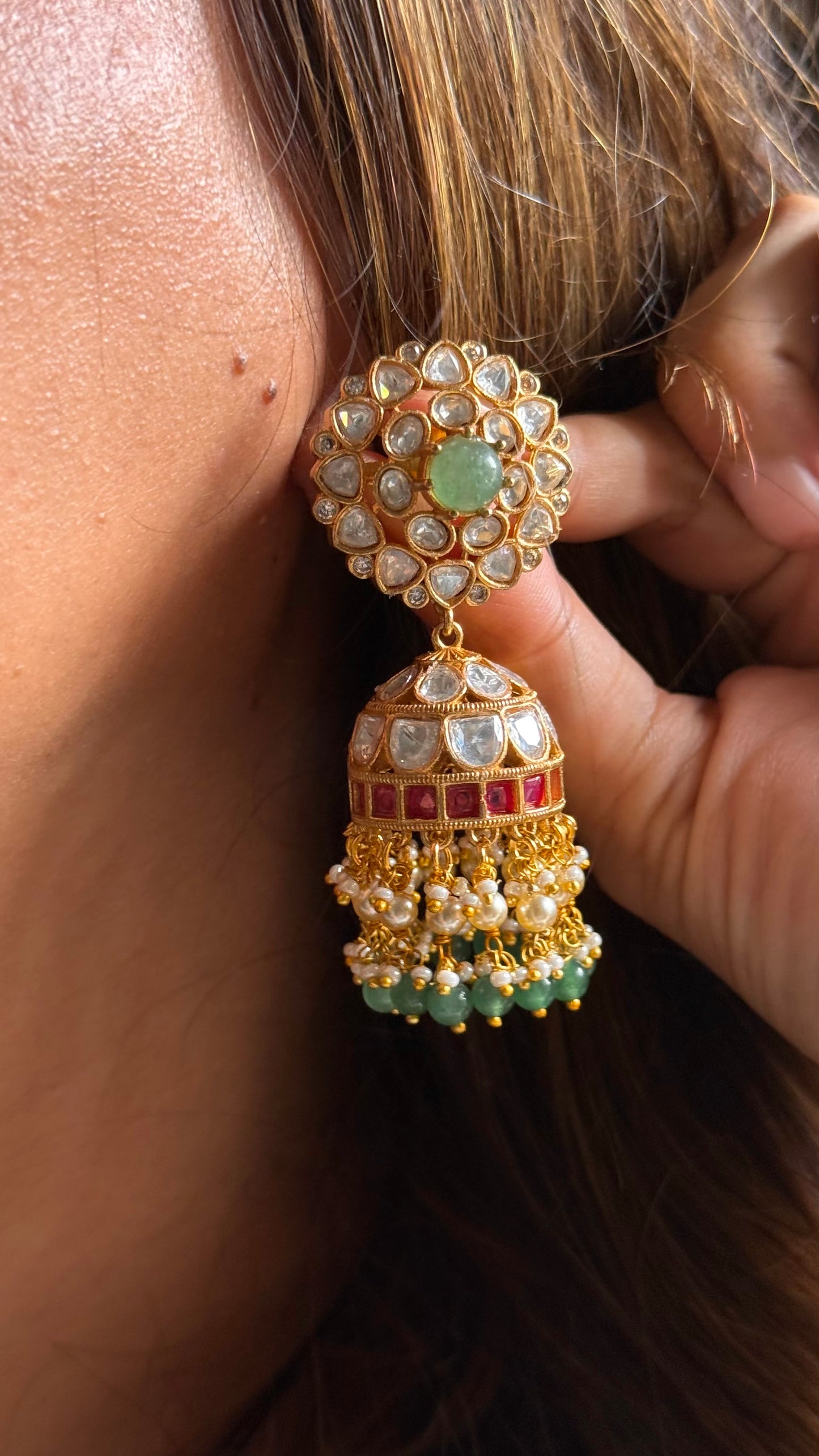 Mint doublet & Rani pink real Moissanite jhumki Earrings