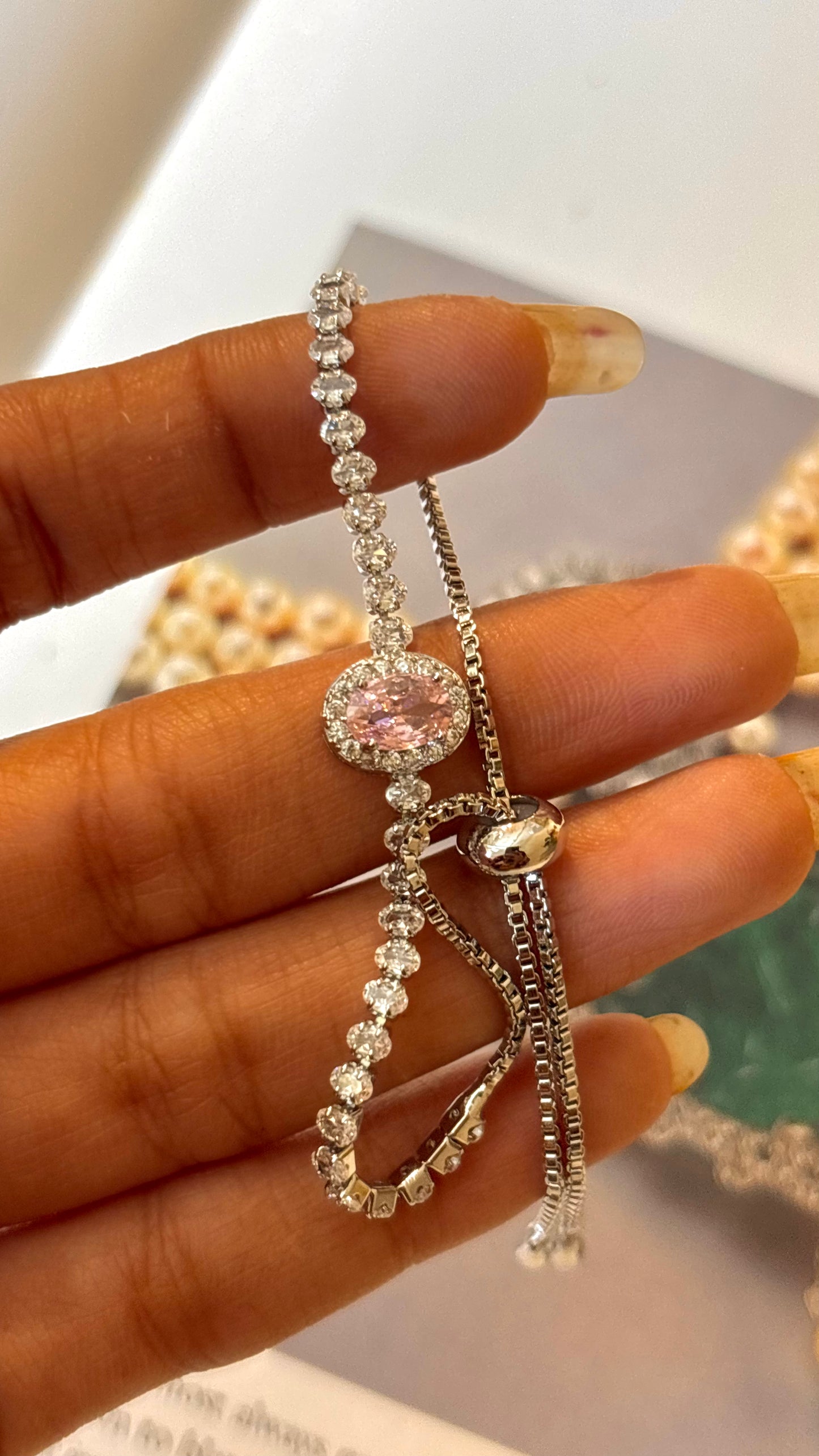 Rose quarts cz diamond adjustable bracelet