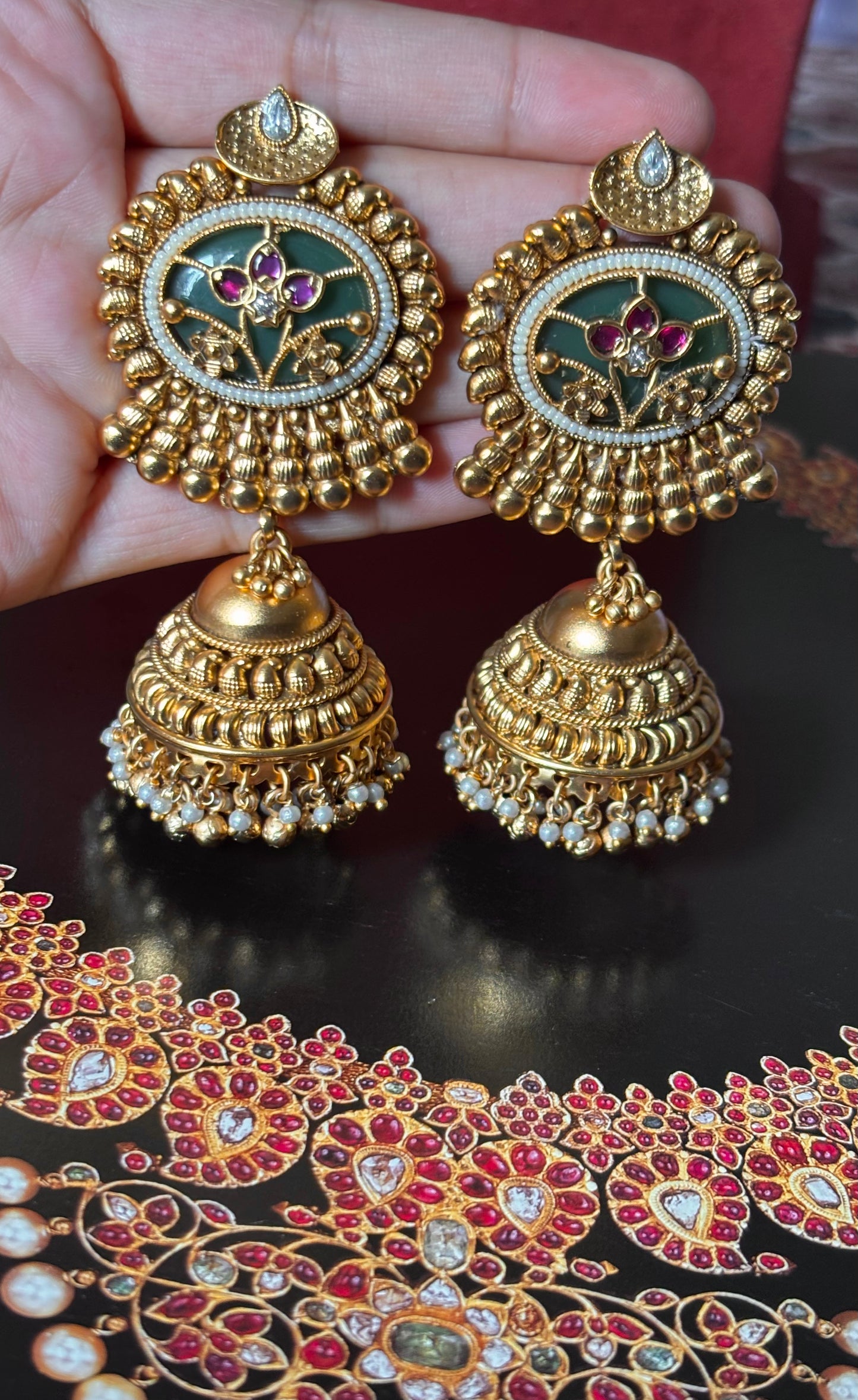 Mint inlay with rani pink floral golden jhumki earrings