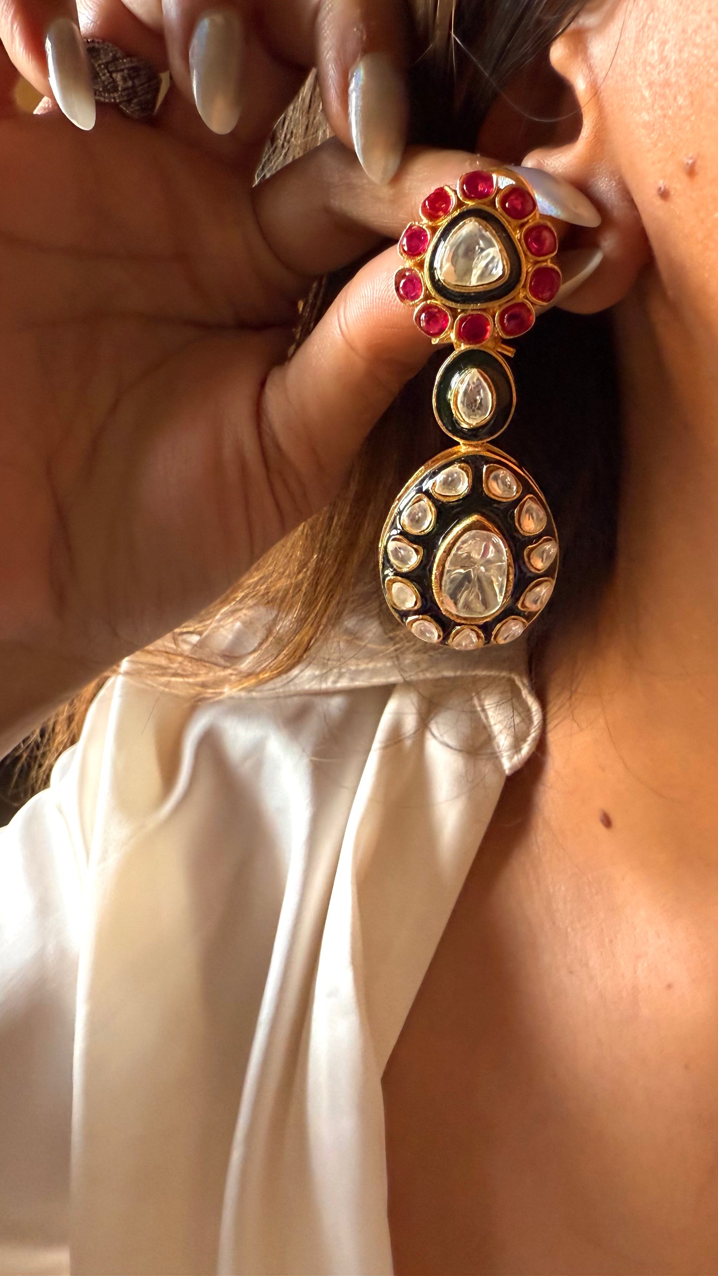 Emerald meenakari & ruby polki danglers