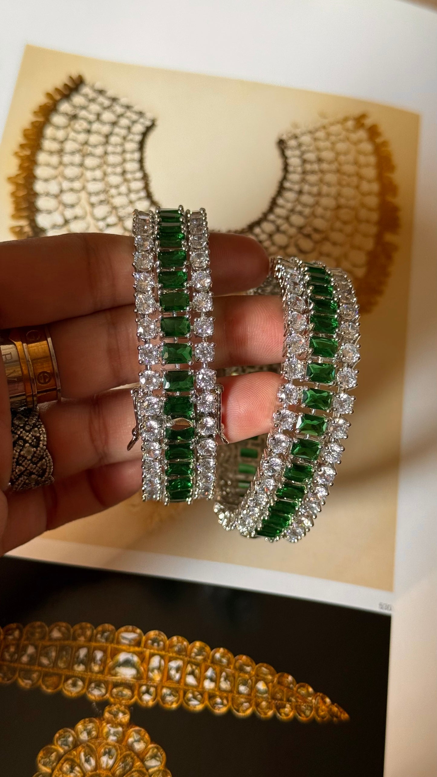 Emerald diamond triple line bangles