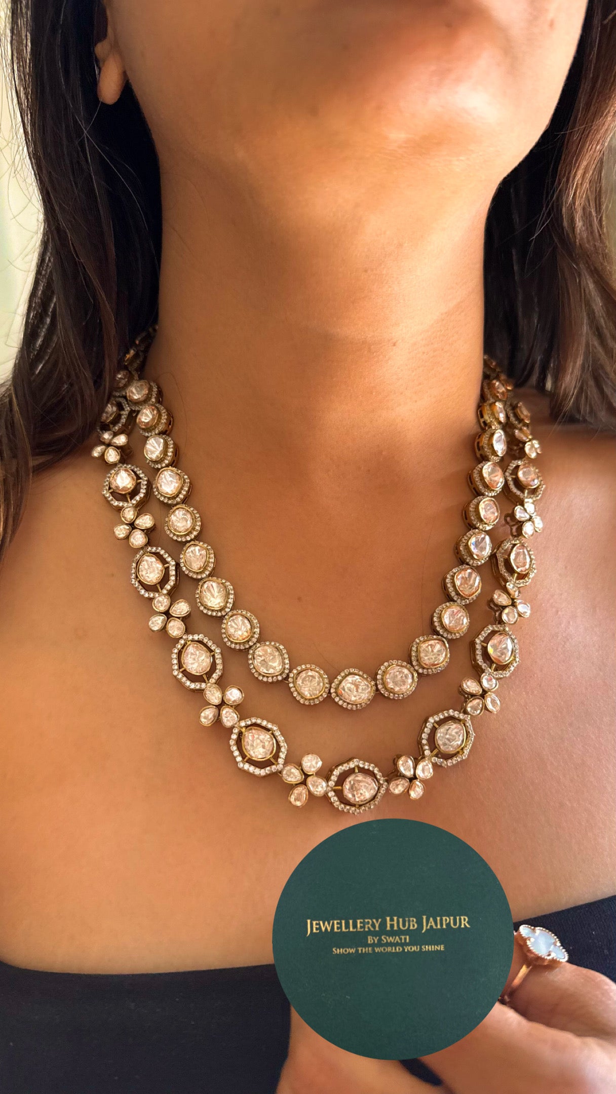 Dual line peeli polki moissanite necklace